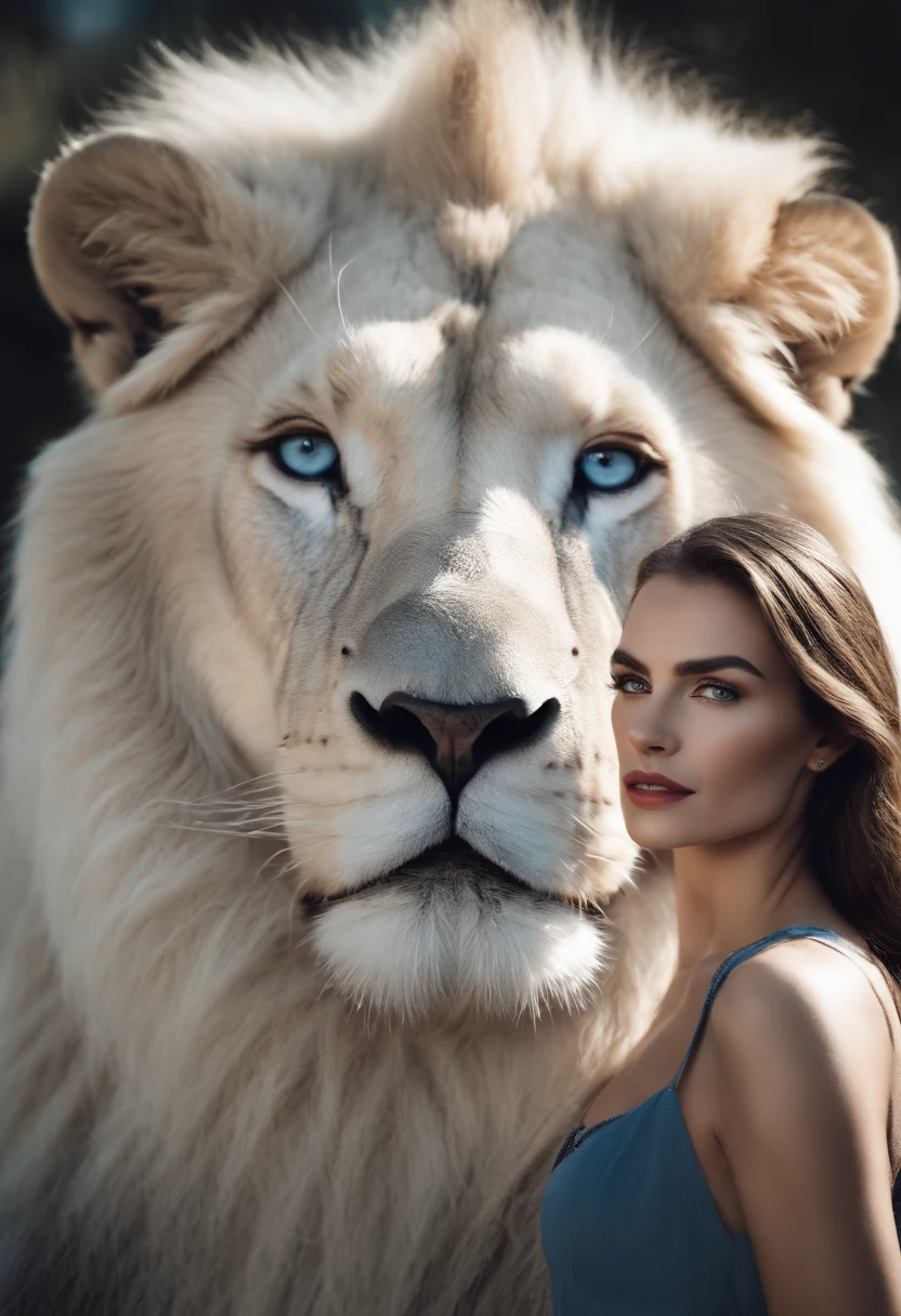 A Beautiful woman with blue eyes posing for an elegant picture with a White Lion, head to head, hyper Realistic, crystal clear image