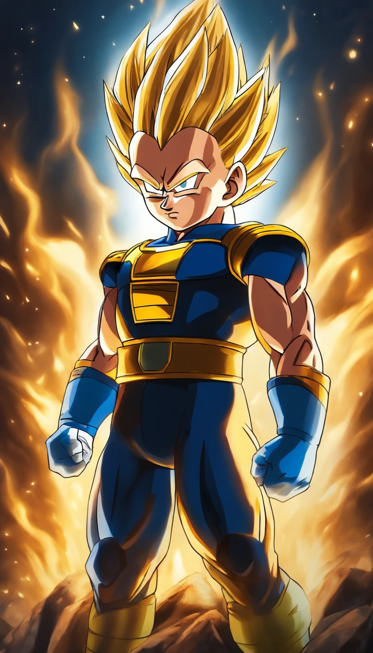 Child Vegeta as Super Sayajin , roupa azul do vegeta , Estilo anime , Scenery with nocturnal destruction , (( imagem sem deformidades)) , best resolution , melhor qualidade , olhar fixo , obra prima