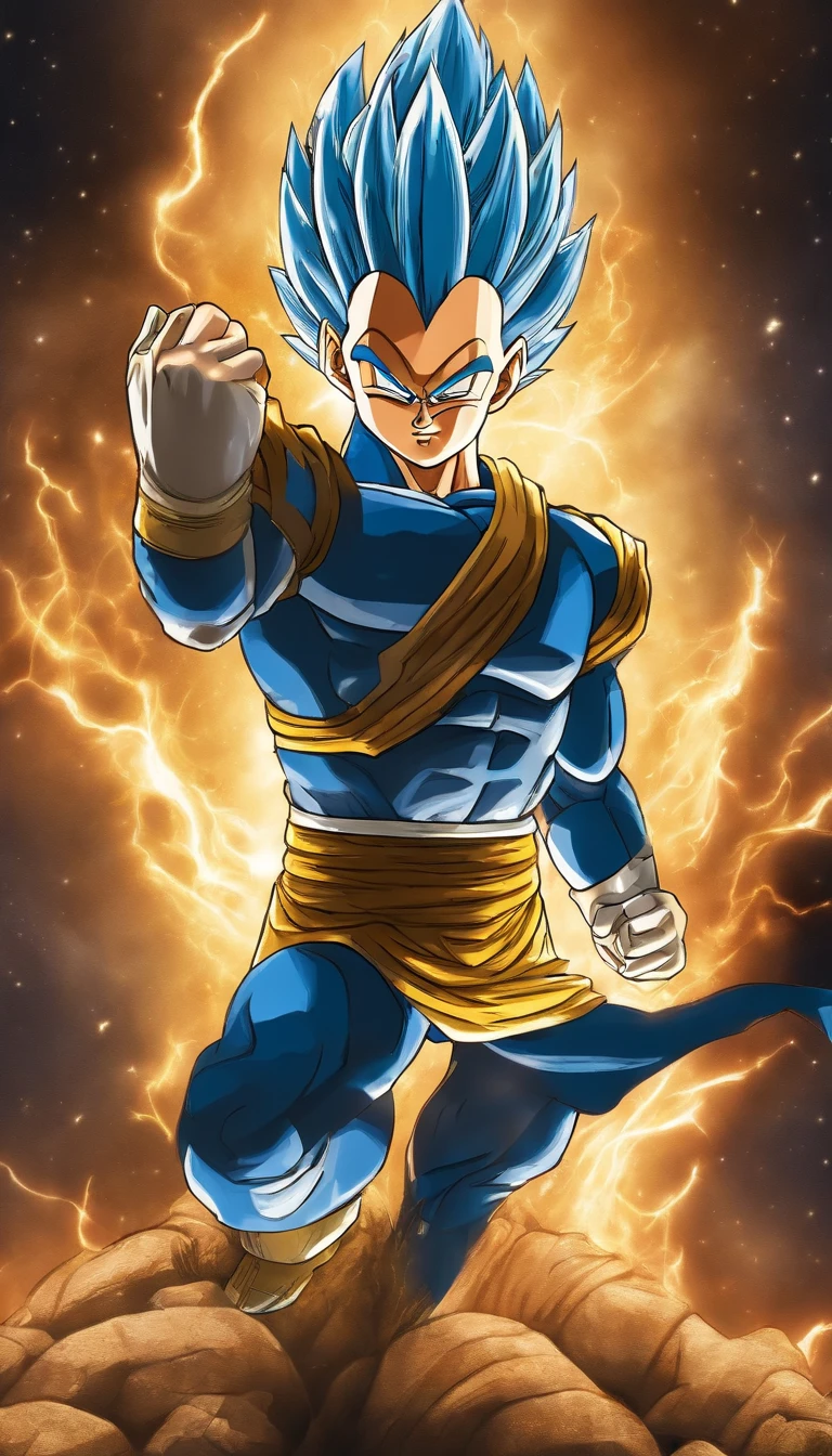 Child Vegeta as Super Sayajin , roupa azul do vegeta , Estilo anime , Scenery with nocturnal destruction , (( imagem sem deformidades)) , best resolution , melhor qualidade , olhar fixo , obra prima