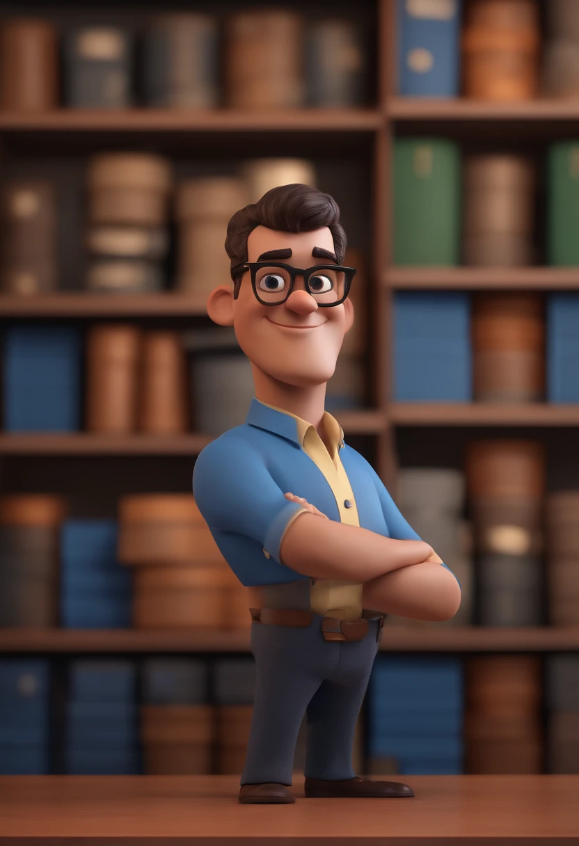 Cartoon character of a man with black glasses and a blue shirt, animation character, Caractere estilizado, animation style rendering, 3D estilizado, Arnold Maya render, 3 d render stylized, toon render keyshot, Personagem 3D, Personagem 3D, 3d rendering stylized, 3 d character render, personagem de desenho animado, Personagem de close up, Pose de personagem, (Estilo Pixar) (master part:1.2) (Bokeh) (best quality) (pele detalhada) (textura detalhada) (8k) (argila) (Cinematic lighting) (foco nítido