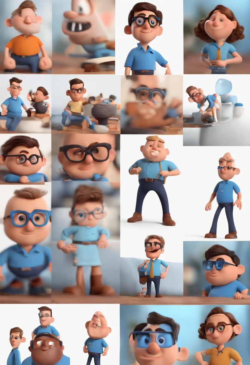 Cartoon character of a man with black glasses and a blue shirt, animation character, Caractere estilizado, animation style rendering, 3D estilizado, Arnold Maya render, 3 d render stylized, toon render keyshot, Personagem 3D, Personagem 3D, 3d rendering stylized, 3 d character render, personagem de desenho animado, Personagem de close up, Pose de personagem,  (Estilo Pixar) (master part:1.2) (Bokeh) (best quality) (pele detalhada) (textura detalhada) (8k) (argila) (Cinematic lighting) (foco nítido