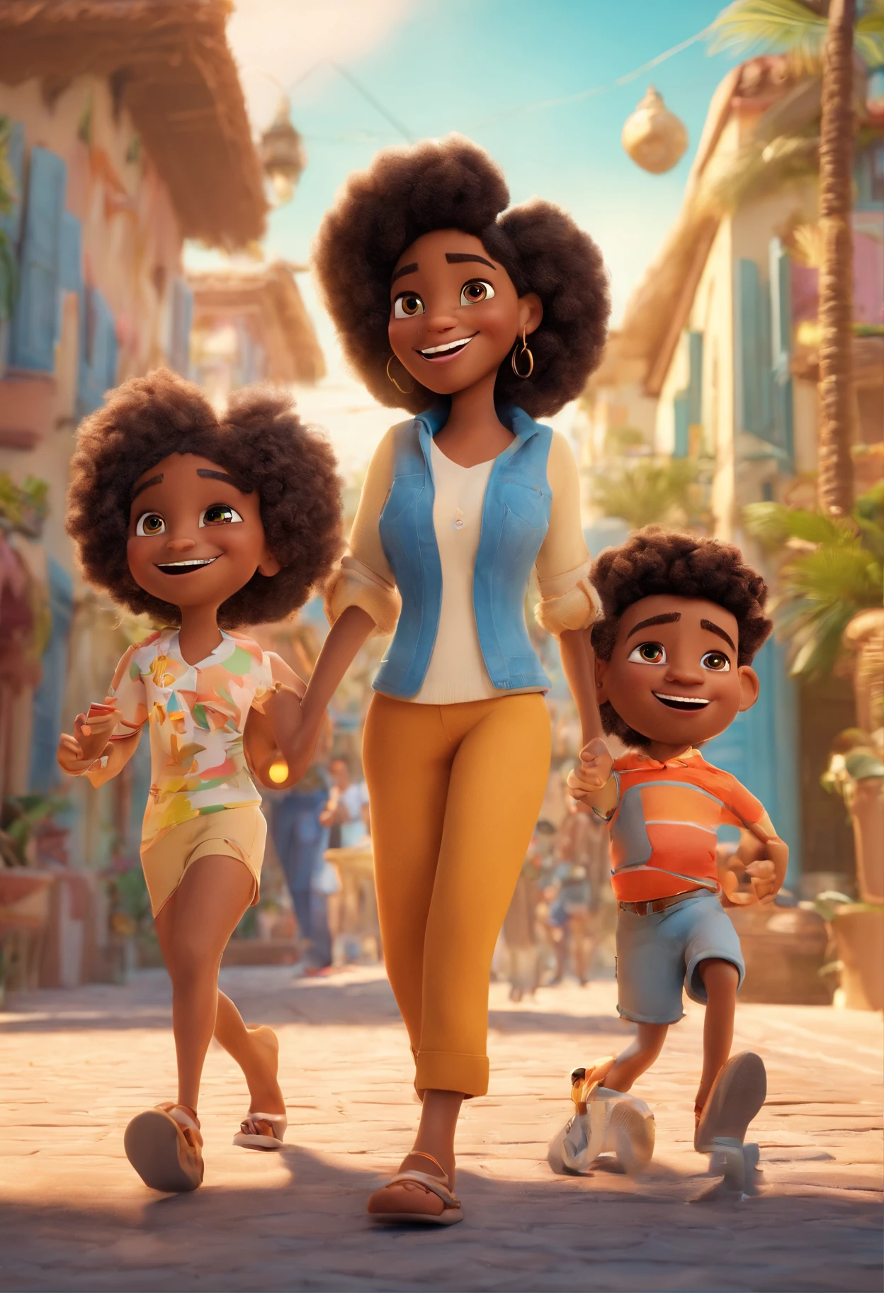 Cartoon of a black family having fun on vacation together,  3D Animation Movie Poster, Poster de filme animado, pixar 3 d animation style, pixar renderman rendering, maia 8 mil, animated film, Disney Pixar Estilo 3D, amigos felizes saem juntos, all wearing light blue shirts and cream brown long pants, camisa azul clara, cream brown pants, ao ar livre, vacation, Disney Pixar Animation Poster