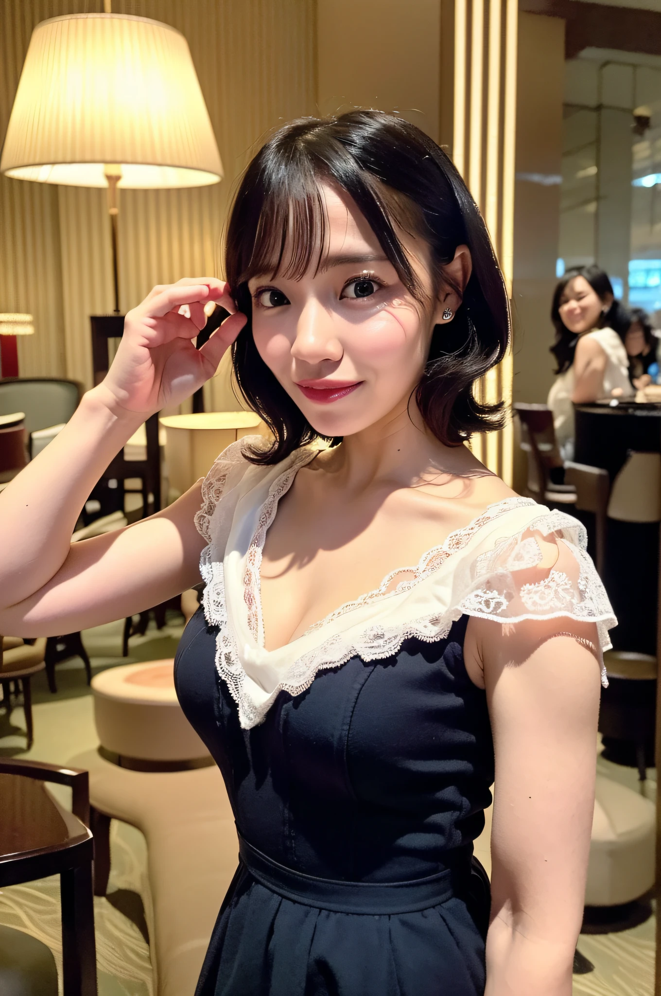 woman posing in the photo (wearing deep_v-neck_dress: 1.3), white lace dress,
Good hands, 4K, high resolution, masterpiece, top quality, head: 1.3, (((Hasselblad photo)), fine skin, sharp focus, (cinematic lighting), night, soft lighting, dynamic angle, [:( detail face: 1.2):0.2],(((5 star hotel))),