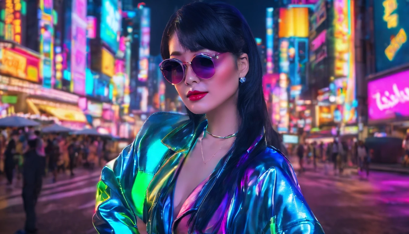(masterpiece, retrowave style:1.3), a captivating retrowave-style image featuring a stylish sexy Japanese woman in the vibrant streets of Tokyo, (retro-futuristic ambiance:1.2), (a fusion of past and future aesthetics:1.1), (Tokyo's neon-lit skyline in the background:1.2), (glowing billboards and holographic advertisements:1.1), (the city alive with a pulsating energy:1.2), (the woman exuding confidence and elegance:1.1), (a modern street snap moment with a touch of vintage nostalgia:1.2), (her attire reflecting a blend of retro and contemporary fashion:1.1), (a chic bomber jacket adorned with neon accents:1.2), (high-waisted jeans with colorful patches:1.1), (futuristic sunglasses adding a bold statement:1.2), (her jet-black hair styled in a sleek bob:1.1), (flashes of holographic makeup on her eyes and lips:1.2), (her smile radiating a sense of wonder:1.1), (the vibrant cityscape captured with an angular wide-angle lens:1.2), (lens model: Canon EF-S 10-18mm:1.1), (camera model: Mirrorless Sony Alpha a7III:1.2), (meticulously crafted lighting to enhance the neon-lit atmosphere:1.1), (glowing neon accents illuminating her presence:1.2), (Tokyo's bustling Shibuya crossing as the backdrop:1.1), (blending the essence of the 80s with modern urban vibes:1.2), (inviting viewers into the retro-futuristic world of Tokyo:1.1), (a moment frozen in time, celebrating the allure of Tokyo's street culture:1.2), (a retrowave adventure that captivates with its nostalgic charm:1.1), (immersing the audience in the neon-lit city of dreams:1.2), (a snapshot of the metropolis where tradition meets innovation:1.1)