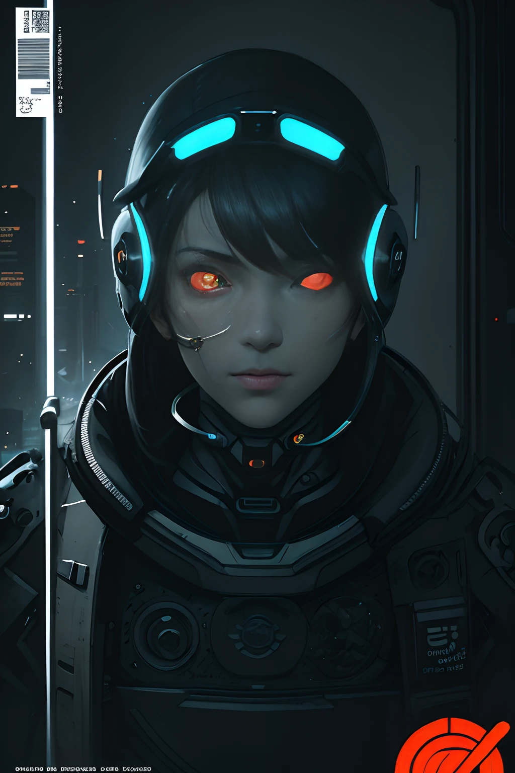 Depict face emerging from the shadows, magazine cover, poster art, cyborg Police, hint of neon