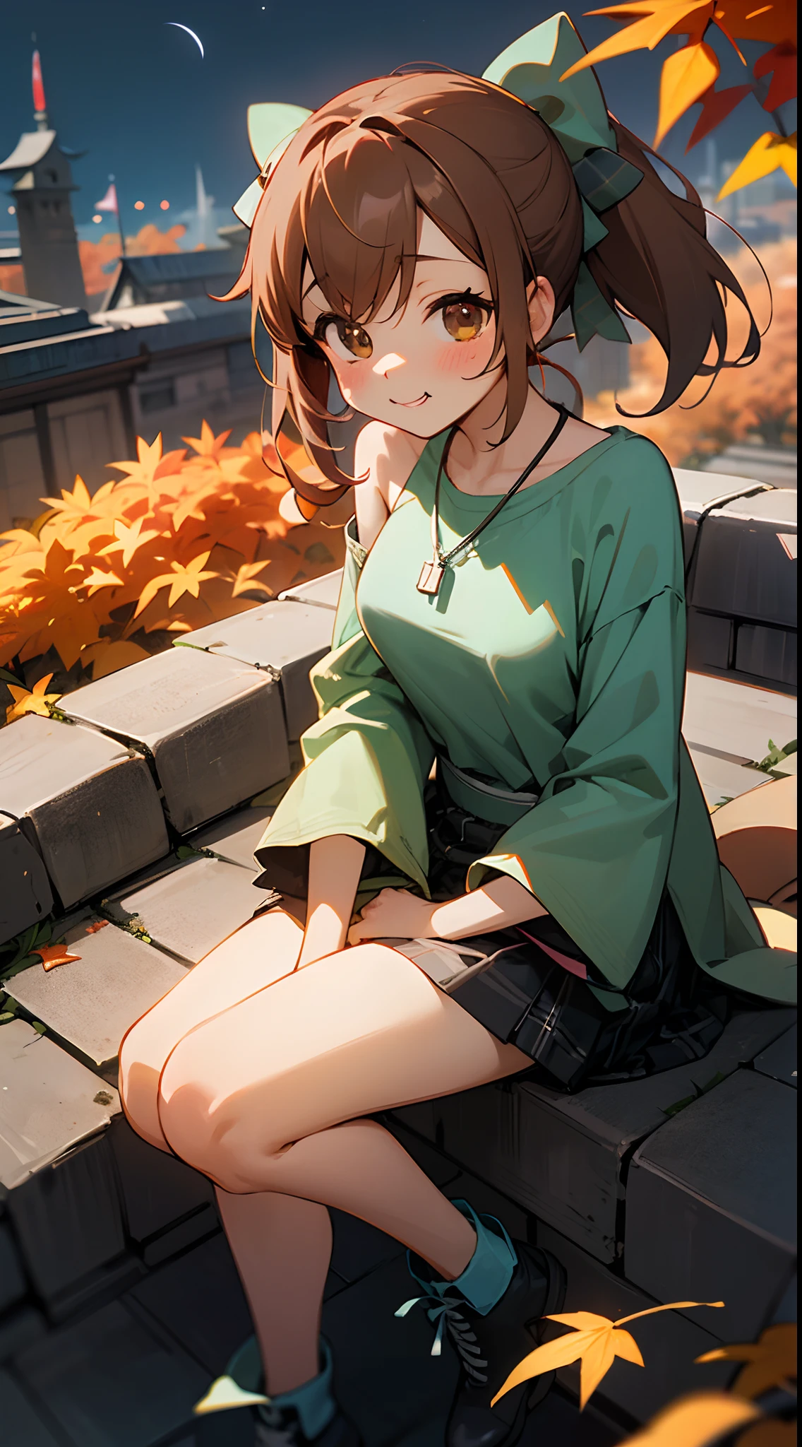 (masterpiece:1.3), (Best Quality:1.3),
(Cute:1.5),(Chibi:0.5),(kawaii:2.0),(Lori:2.0),(7 year old girl),(Solo:1.65),BREAK, (flat chest:1.2,), Clear skin, Beautiful skin, Shy, One Beautiful Girl,Colossal tits(Hair Bow, reddish brown hair, Twin-tailed:1.2), (Brown eyes, long eyelashes, Double eyelids: 1.2), Shiny skin, gleaming skin,Clear skin, Beautiful skin,( A smile:1.5), BREAK,
(Black theme:1.4), ((Hip-hop style, Self-coming department):1.4), (Loose and sloppy black wear:1.3), (Oversized black T-shirt with extended hem:1.5), (Exposed T-hem:1.4), ((Long sleeves, baggy sleeves):1.2), (Black and white tartan check pleated skirt:1.1), (Thighs with black and pink stripes:1.3), (Necklace:1.2), (Black T-shirt with pink text:1.2), (Platform High Boots:1.1), (Cross Shaped Accessories:1.2),Bare shoulders, (Autumn leaves:1.3),
BREAK,
(Background Japan castle):1.5,(Cobblestone staircase):1.5,
(On the roof, Beautiful Moon), BREAK,
(plein air):1.9,(Midnight:1.9),
BREAK,
((funny, Talk to each other ,Smile,Big laugh)) ,((Bright atmosphere)),BREAK,(Blurry background:1.3),(absurderes, hight resolution, Super Detail Art),cel shading,Clear Color, Lonely optical effect, Beautiful pictures, Bright glow, mystic atmosphere,(Close-up of girl:1.1), Mystical light particle effect,manga influence, clean line drawings,