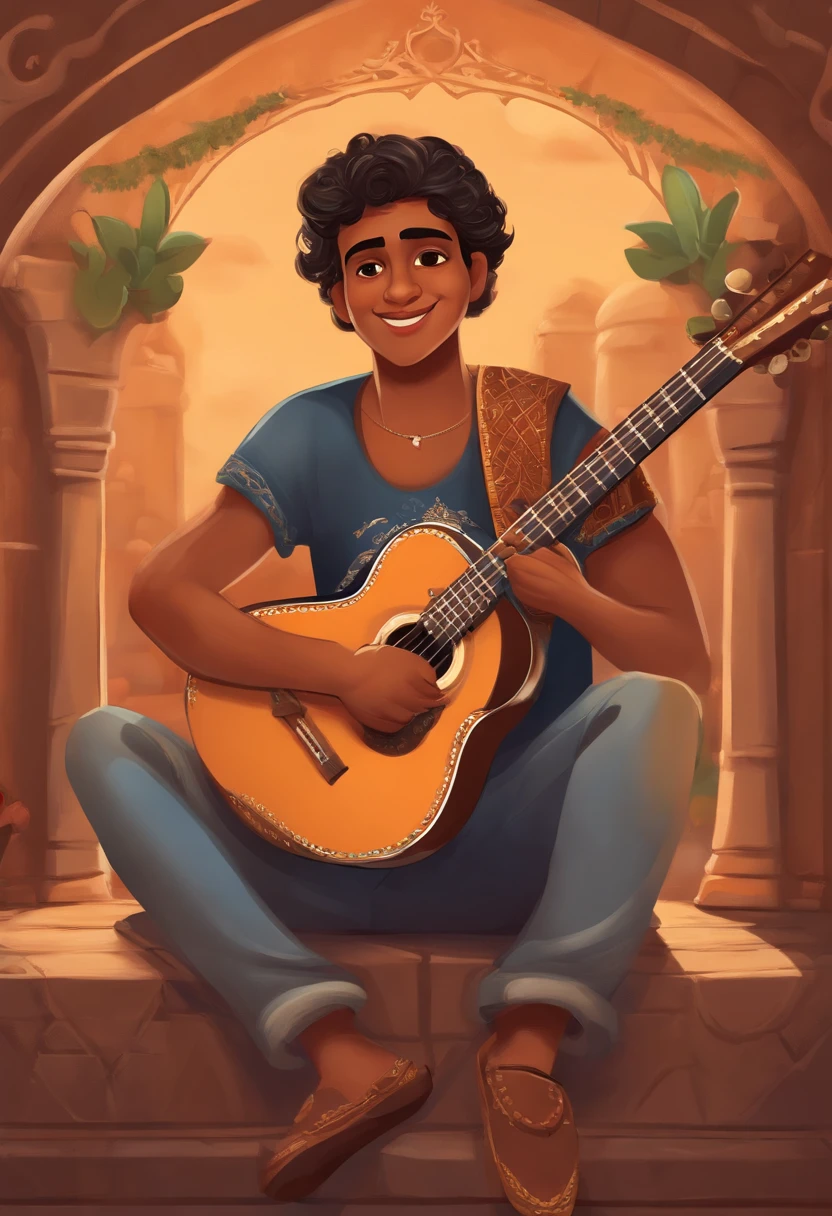 crie um banner no estilo Pixar. A boy with Indian features, moreno pardo com cabelos curtos, Castanhos escuros, Curly and slightly grayish appearance, mas jovem, usando uma camiseta, Wearing jeans and holding a classical guitar with 7 strings.