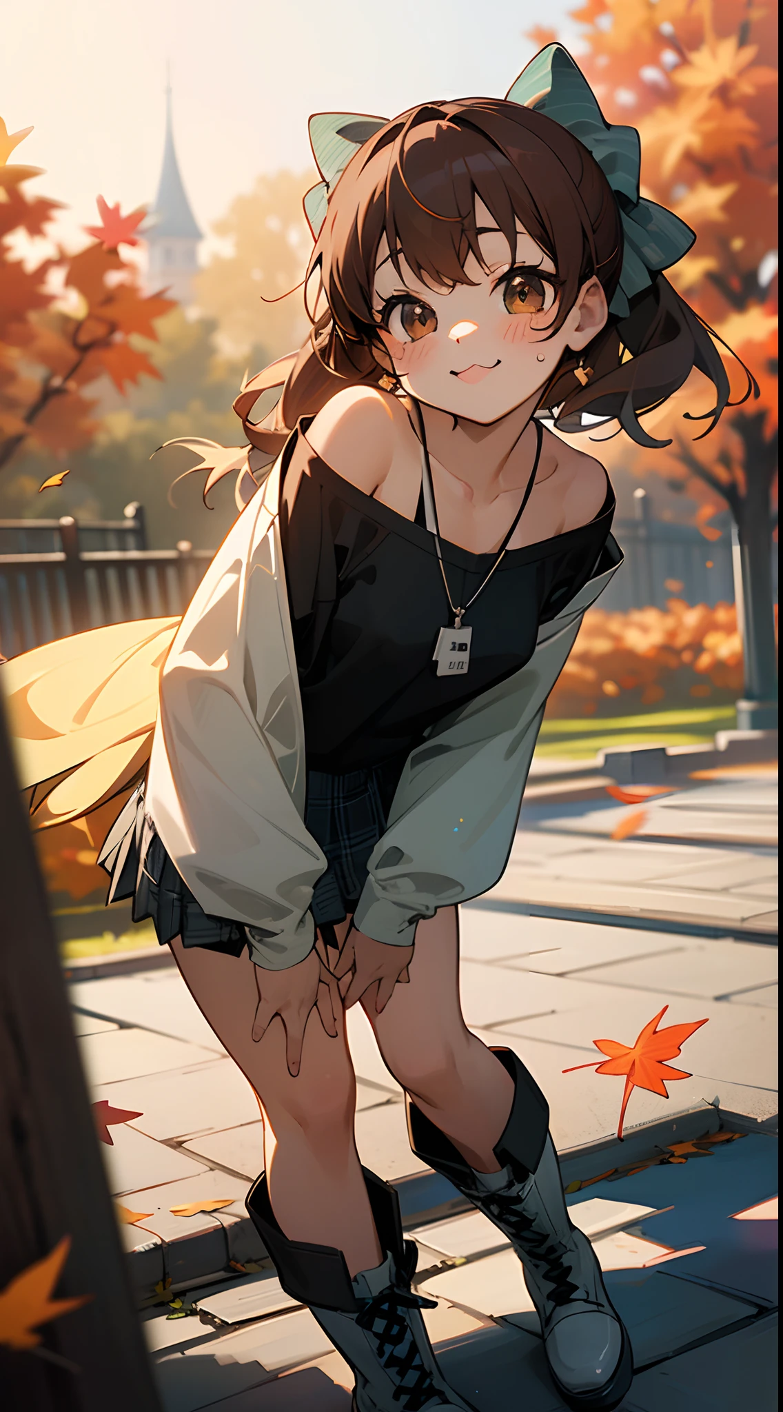 (masterpiece:1.3), (Best Quality:1.3),
(Cute:1.5),(Chibi:0.5),(kawaii:2.0),(Lori:2.0),(7 year old girl),(Solo:1.65),BREAK, (flat chest:1.2,), Clear skin, Beautiful skin, Shy, One Beautiful Girl,Colossal tits(Hair Bow, reddish brown hair, Twin-tailed:1.2), (Brown eyes, long eyelashes, Double eyelids: 1.2), Shiny skin, gleaming skin,Clear skin, Beautiful skin,( A smile:1.5), BREAK,
(Black theme:1.4), ((Hip-hop style, Self-coming department):1.4), (Loose and sloppy black wear:1.3), (Oversized black T-shirt with extended hem:1.5), (Exposed T-hem:1.4), ((Long sleeves, baggy sleeves):1.2), (Black and white tartan check pleated skirt:1.1), (Thighs with black and pink stripes:1.3), (Necklace:1.2), (Black T-shirt with pink text:1.2), (Platform High Boots:1.1), (Cross Shaped Accessories:1.2),Bare shoulders, (Autumn leaves:1.3),
BREAK,
(Background Japan castle):1.5,(Cobblestone staircase):1.5,
(On the roof, Beautiful Moon), BREAK,
(plein air):1.9,(Midnight:1.9),
BREAK,
((funny, Talk to each other ,Smile,Big laugh)) ,((Bright atmosphere)),BREAK,(Blurry background:1.3),(absurderes, hight resolution, Super Detail Art),cel shading,Clear Color, Lonely optical effect, Beautiful pictures, Bright glow, mystic atmosphere,(Close-up of girl:1.1), Mystical light particle effect,manga influence, clean line drawings,