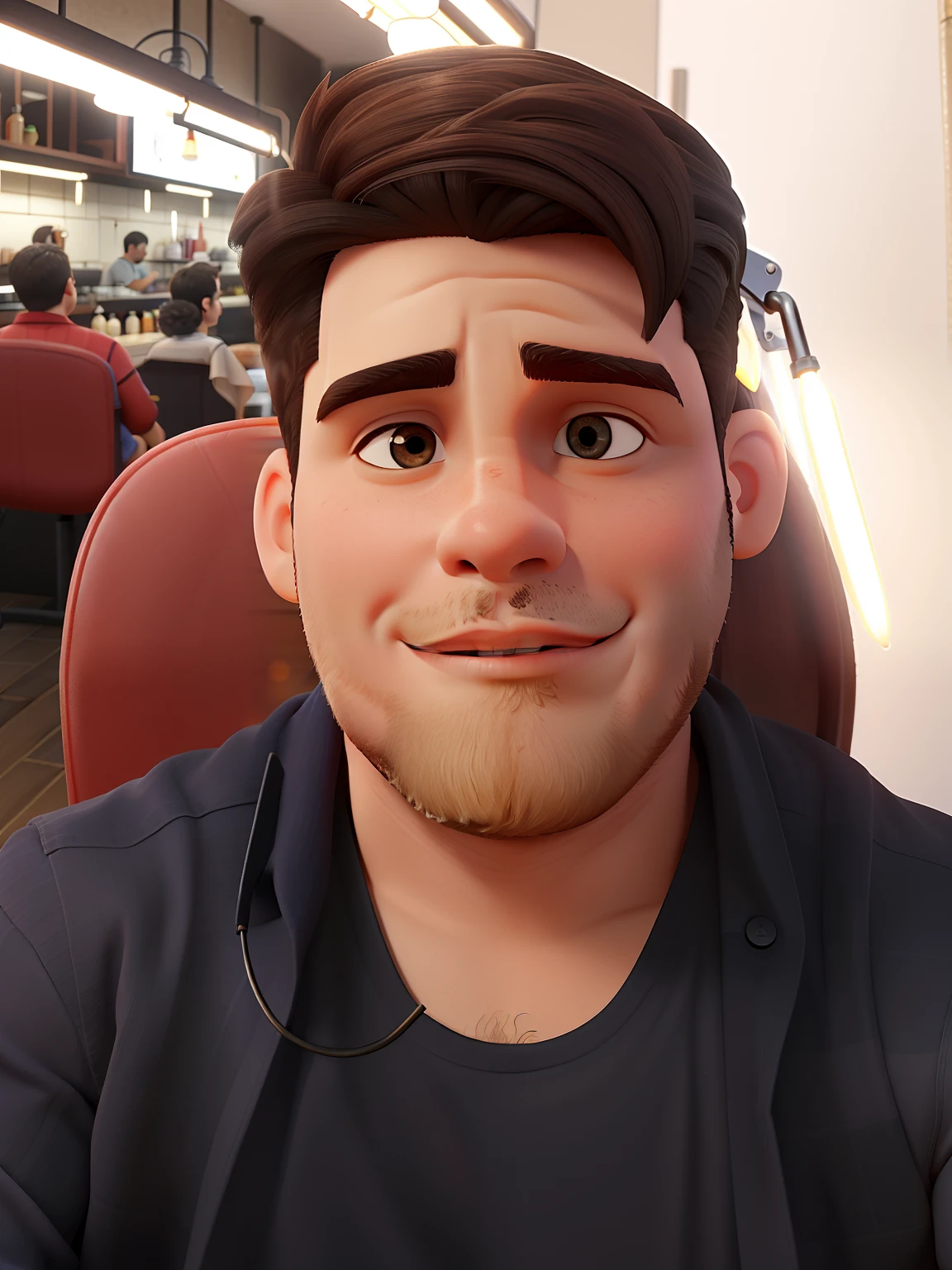 Um gordinho de cabelo cortado em volta de uma cadeira de barbeiroaltura de 1,70, illuminated by the light of a lamp, contra o pano de fundo de uma barbearia