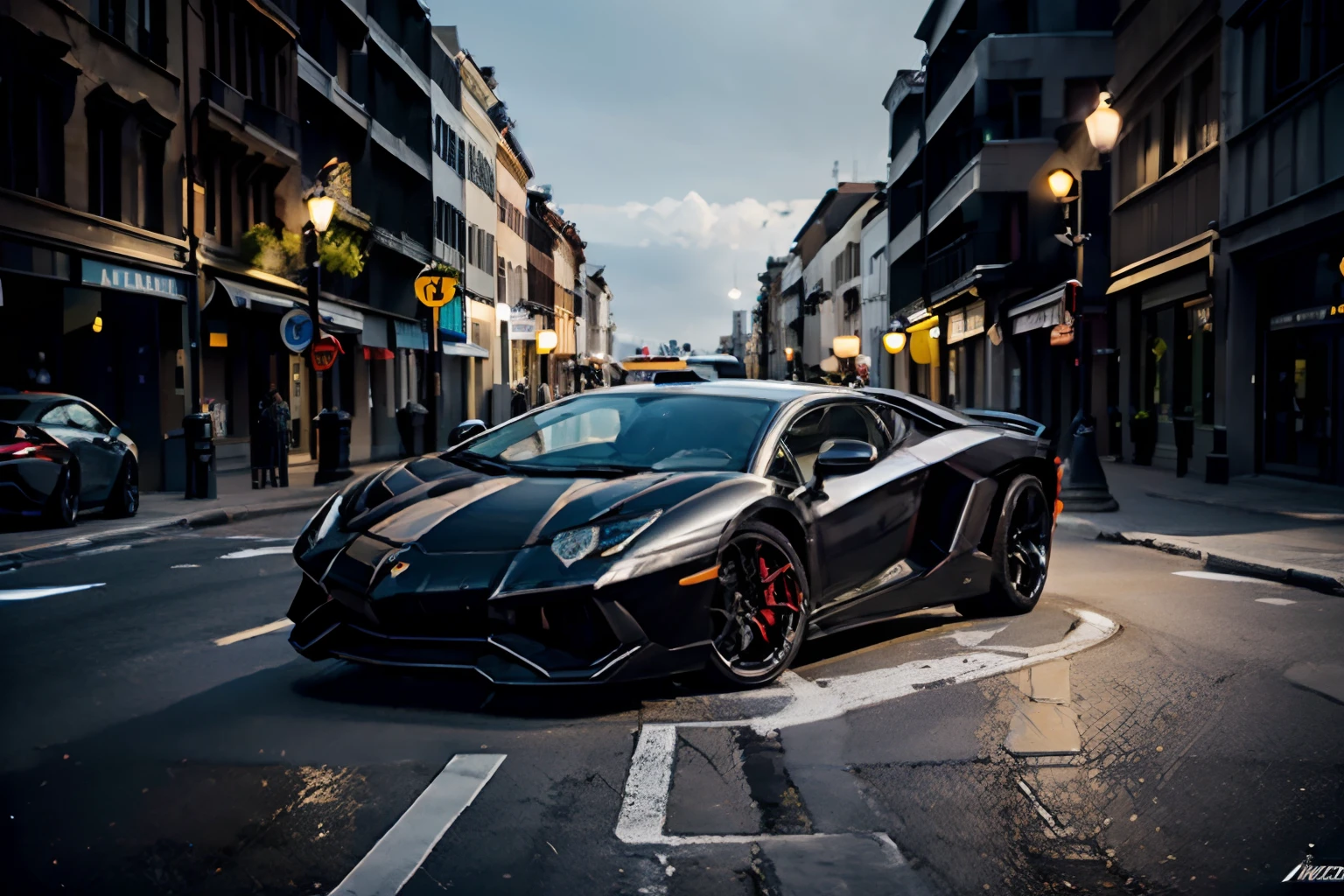 Masterpiece, best quality, 4k, automobile, black 2022 Lamborghini Aventador, European city street backdrop, 3/4 view, solo, single