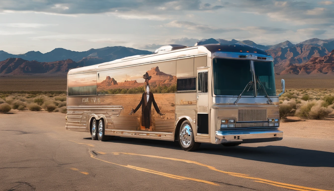 1976 MCI Greyhound bus converted into a custom tour bus for the country music band, with a full custom "Kevin McCree" painted on the side with a desert scene, and a group of fans taking pictures of a handsome cowboy standing by it on a record cover -imagine -