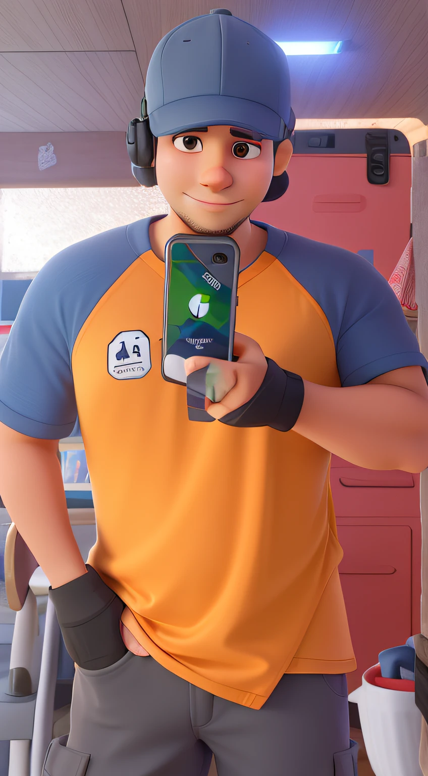 homem meio gordo, careca e de barba bem falhada, Cap and holding mobile phone