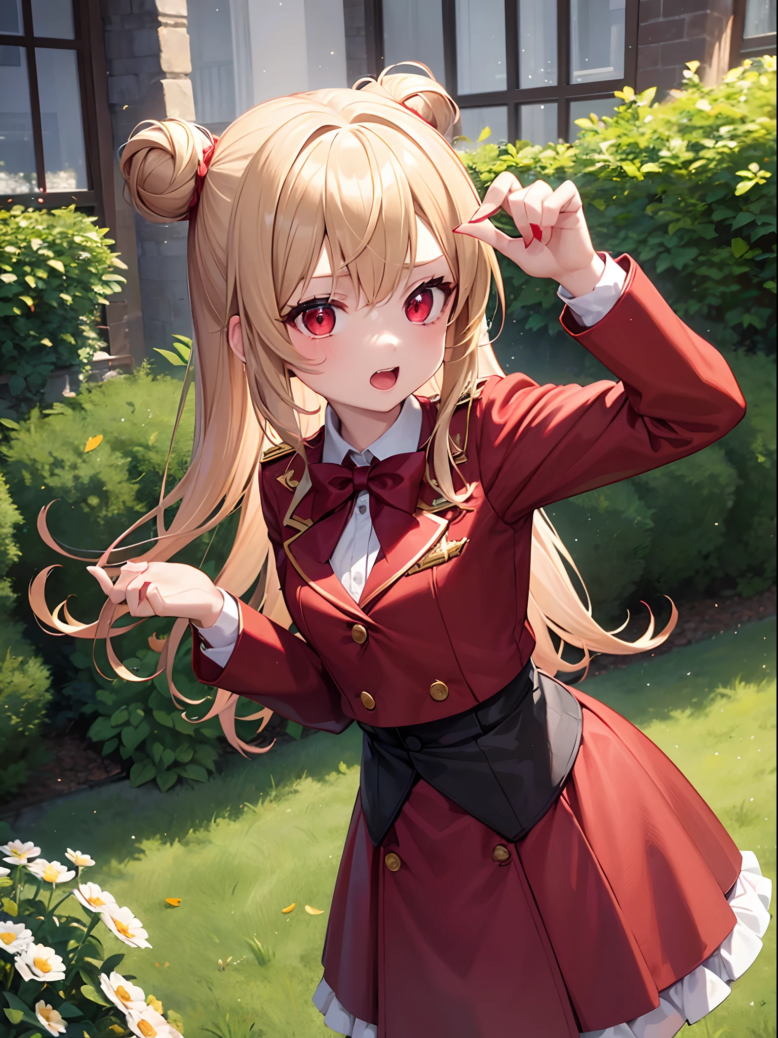 1girls, li, vampire, short, red eye, long blonde hair with side bun, cute face, using red army blazer school uniform, using white skirt, using blue bowties, with camera, in garden