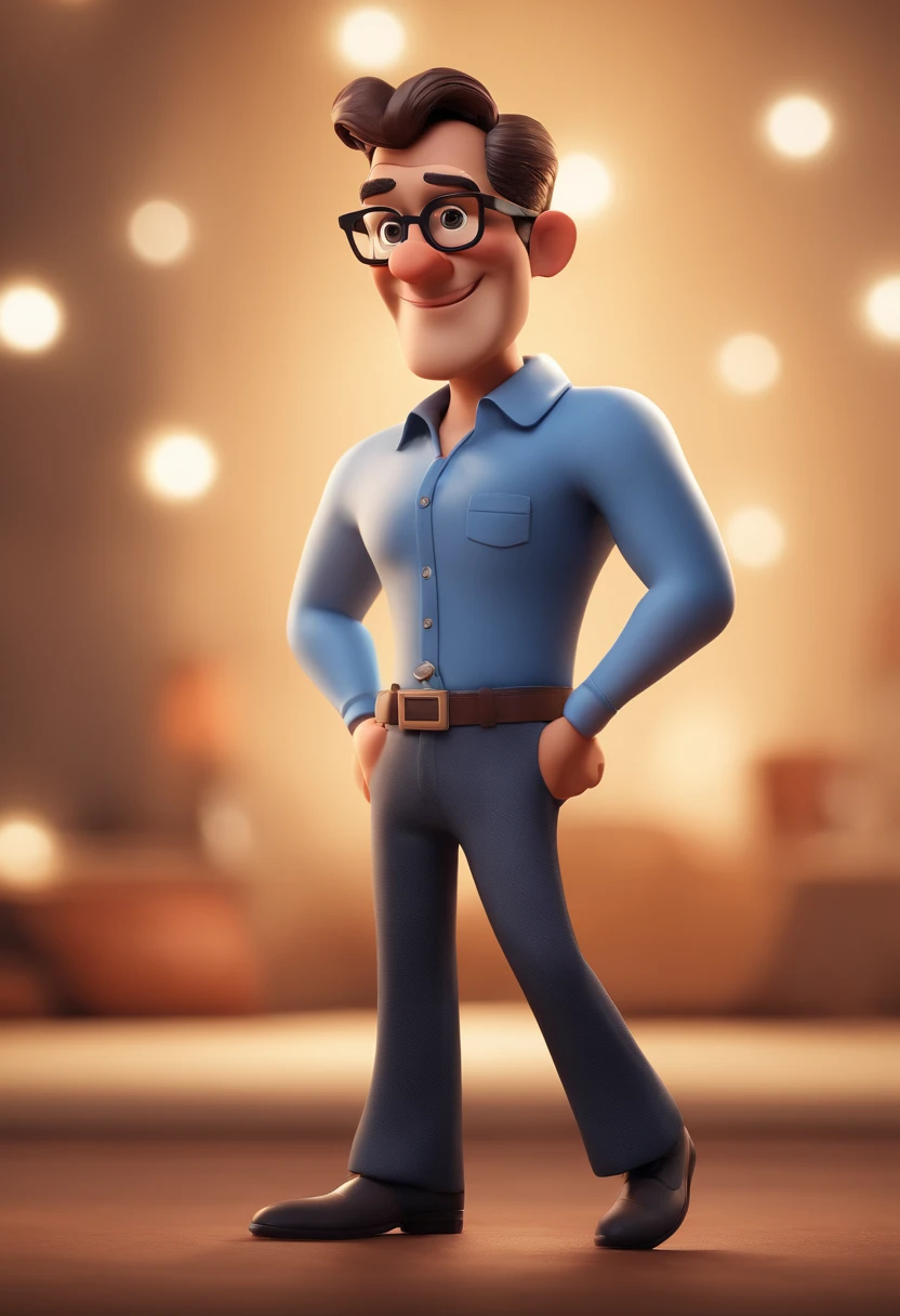 Cartoon character of a man with black glasses and a blue shirt, animation character, Caractere estilizado, animation style rendering, 3D estilizado, Arnold Maya render, 3 d render stylized, toon render keyshot, Personagem 3D, Personagem 3D, 3d rendering stylized, 3 d character render, personagem de desenho animado, Personagem de close up, Pose de personagem, (Estilo Pixar) (master part:1.2) (Bokeh) (best quality) (pele detalhada) (textura detalhada) (8k) (argila) (Cinematic lighting) (foco nítido
