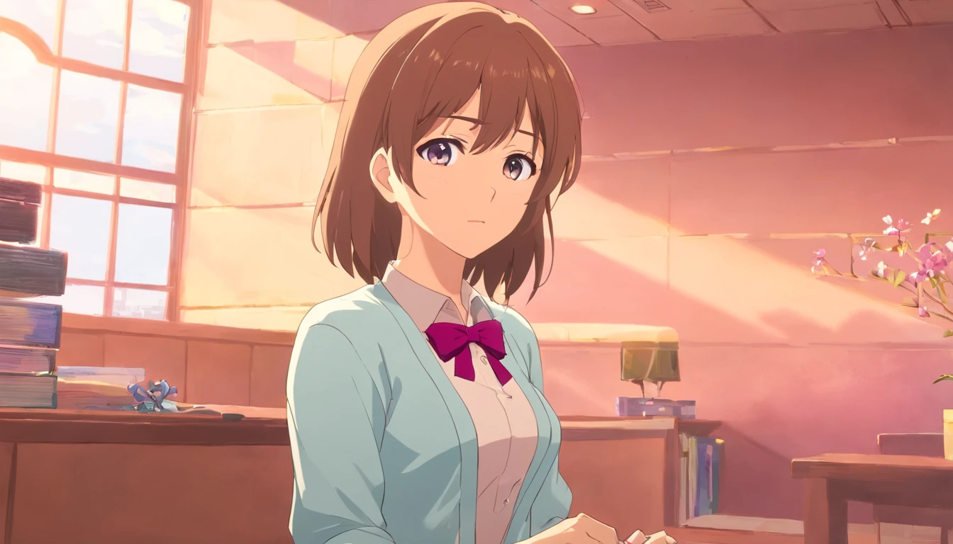 1人の女の子, 20 year, muy bonita, cuerpo sexy, piel blanca, brown hair, pink bow, ropa de colegiala rosa, vagina rosada y mojada