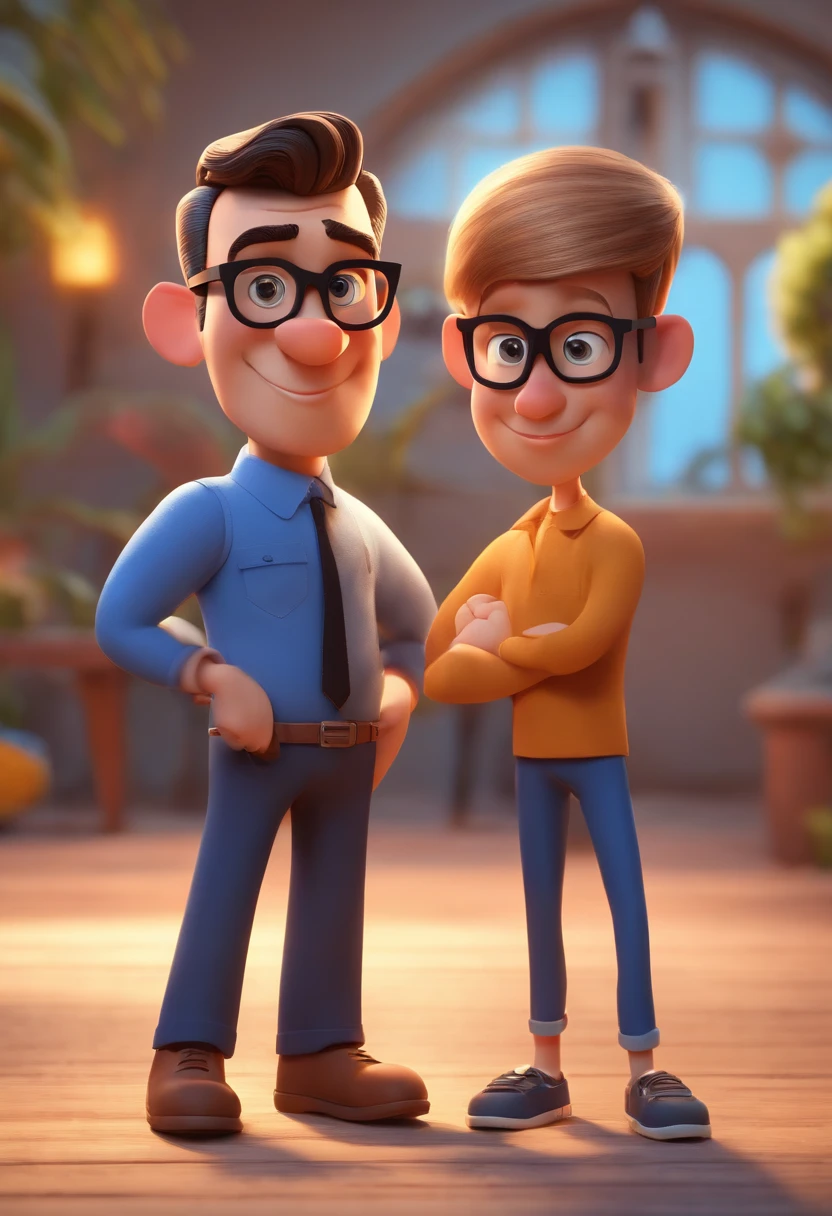 Cartoon character of a man wearing black glasses and a blue shirt, um personagem animado, Caractere estilizado, animation style rendering, 3D estilizado, Arnold Maya render, 3 d render stylized, toon render keyshot, Personagem 3D, Personagem 3D, 3d rendering stylized, 3 d character render, personagem de desenho animado, Personagem de close up, Pose de personagem, (Estilo Pixar) (master part:1.2) (Bokeh) (best quality) (pele detalhada) (textura detalhada) (8k) (argila) (Cinematic lighting) (foco nítido,Senta e vaza a parte superior do corpo