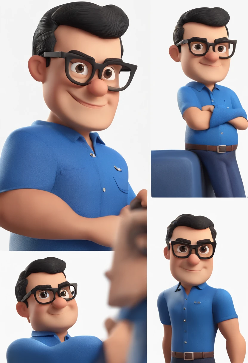 Cartoon character of a man wearing black glasses and a blue shirt, um personagem animado, Caractere estilizado, animation style rendering, 3D estilizado, Arnold Maya render, 3 d render stylized, toon render keyshot, Personagem 3D, Personagem 3D, 3d rendering stylized, 3 d character render, personagem de desenho animado, Personagem de close up, Pose de personagem, (Estilo Pixar) (master part:1.2) (Bokeh) (best quality) (pele detalhada) (textura detalhada) (8k) (argila) (Cinematic lighting) (foco nítido,Senta e vaza a parte superior do corpo
