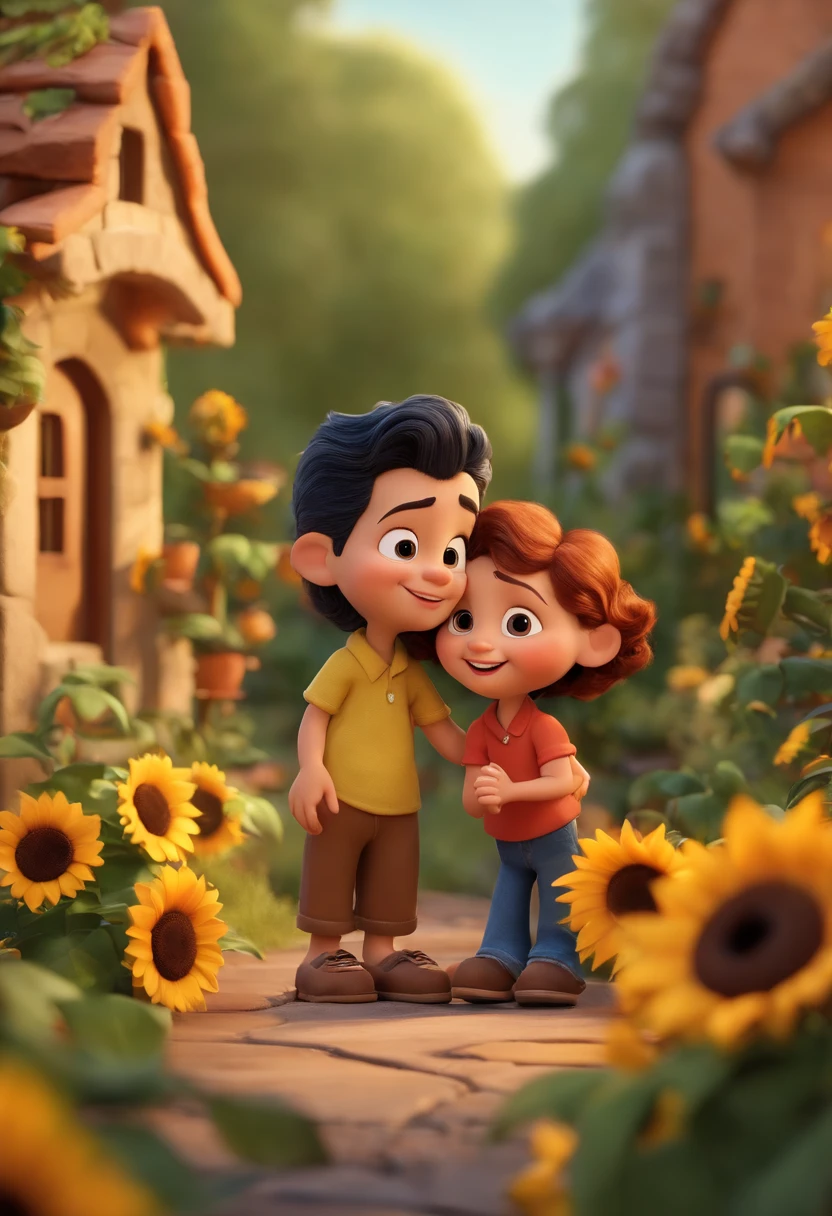 Create a Disney PIXAR-style 3D poster. ((centro da imagem, mulher gravida), ((casal)) ((1 menino no meio , They're hugging each other, O menino tem pele castanha e cabelos castanhos escuros e olhos castanhos escuros, ((tudo isso no estilo Disney PIXAR 3D, In the background, A house of sunflowers, Gloria Studio, The garden is full of nature 3D render RTX clay material, estilo de design cartunesco, POP Mart, soft lighting, linhas suaves, Spring tilt, Detailed illustrations of PIXAR 3D, Detalhes hiper-realistas, cor quente no estilo Disney PIXAR 3D))