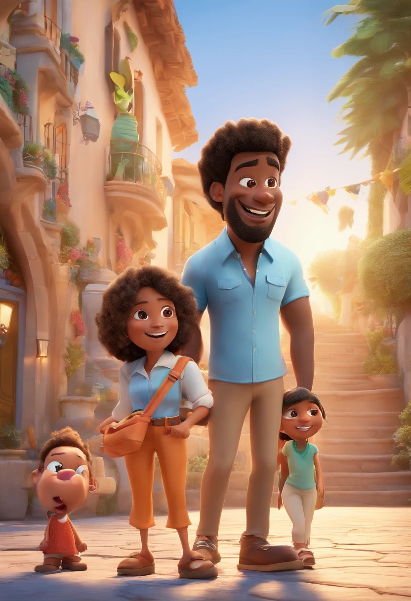 Cartoon style family and friends laughing outside a house, 插圖, com apenas as cores amarelo e roxo vibrantes