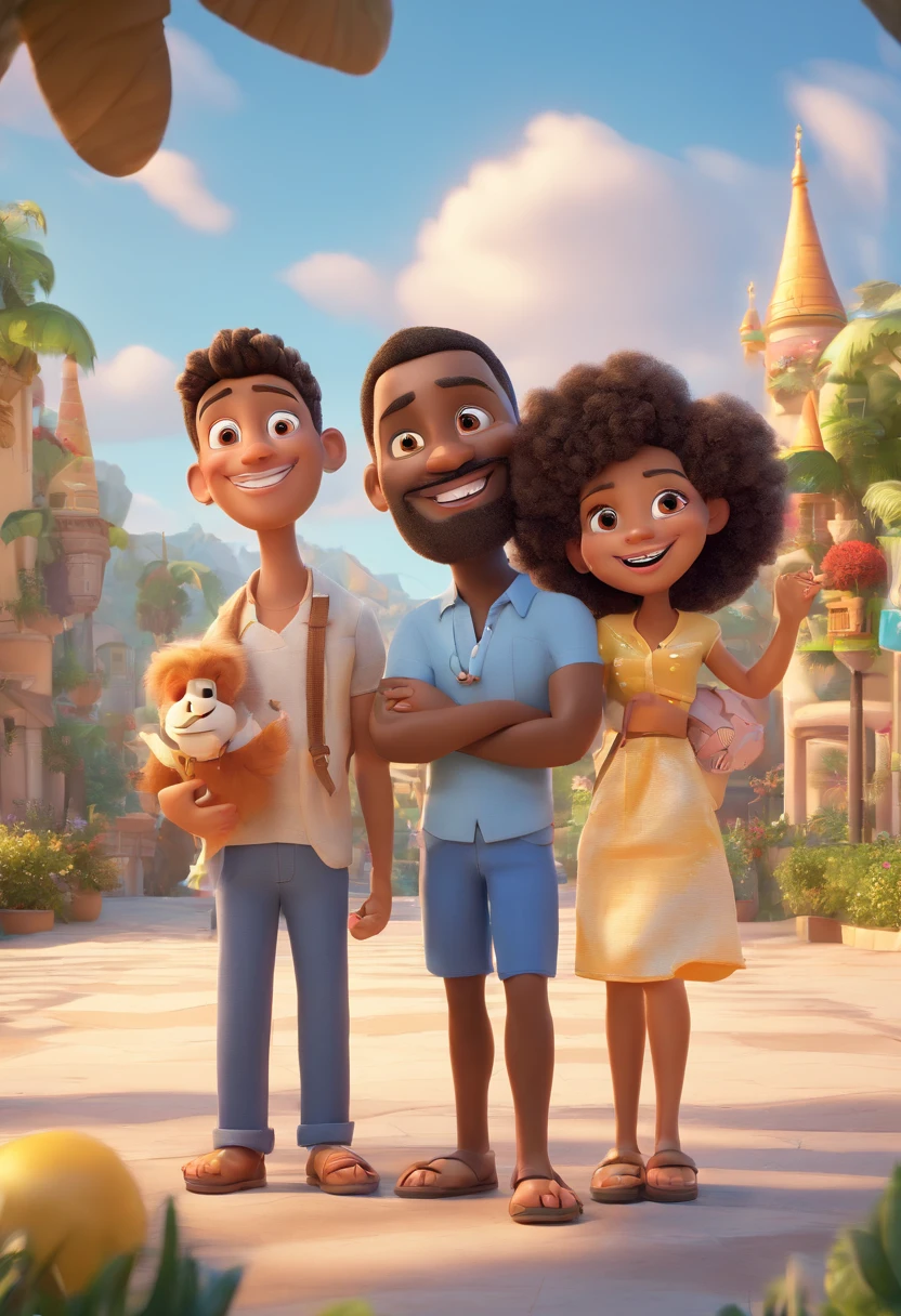 Cartoon of a family, a black father and white mother having fun on vacation together with a son and two daughters,  3D Animation Movie Poster, Poster de filme animado, pixar 3 d animation style, pixar renderman rendering, maia 8 mil, animation film, Disney Pixar Estilo 3D, amigos felizes saem juntos, all wearing light blue shirts and cream brown long pants, camisa azul clara, cream brown pants, ao ar livre, vacation, Disney Pixar Animation Poster