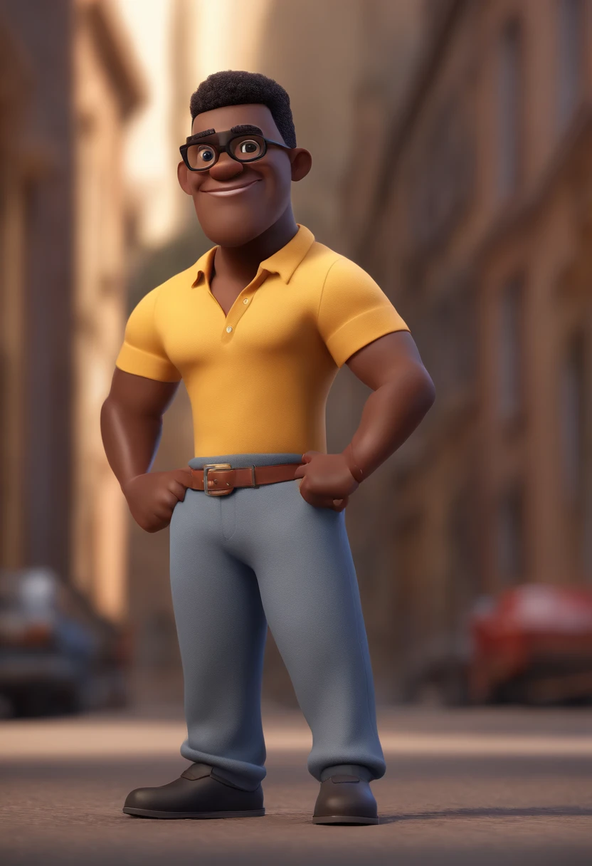 Cartoon character of a strong black man with black glasses and a black t-shirt, animation character, Caractere estilizado, animation style rendering, 3D estilizado, Arnold Maya render, 3 d render stylized, toon render keyshot, Personagem 3D, Personagem 3D, 3d rendering stylized, 3 d character render, personagem de desenho animado, Personagem de close up, Pose de personagem,  (Estilo Pixar) (master part:1.2) (Bokeh) (best quality) (pele detalhada) (textura detalhada) (8k) (argila) (Cinematic lighting) (foco nítido