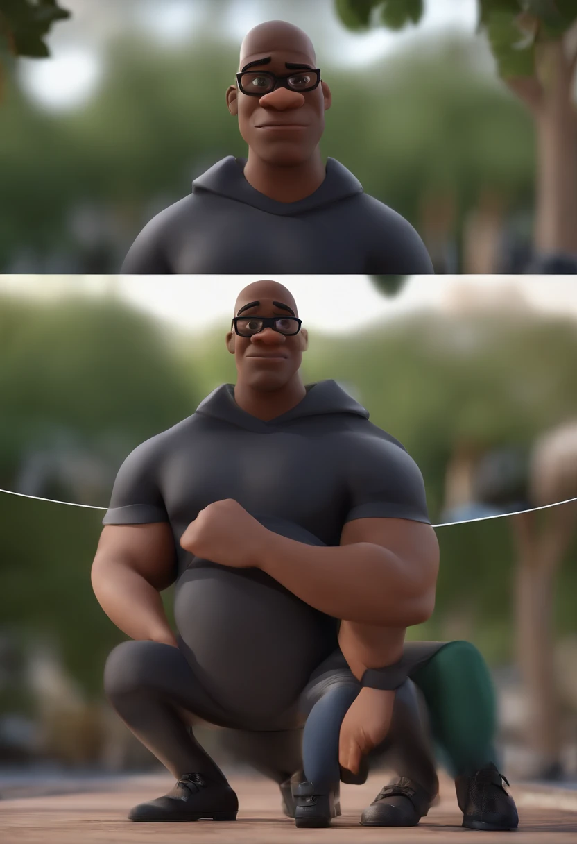 Cartoon character of a strong black man with black glasses and a black t-shirt, animation character, Caractere estilizado, animation style rendering, 3D estilizado, Arnold Maya render, 3 d render stylized, toon render keyshot, Personagem 3D, Personagem 3D, 3d rendering stylized, 3 d character render, personagem de desenho animado, Personagem de close up, Pose de personagem, (Estilo Pixar) (master part:1.2) (Bokeh) (best quality) (pele detalhada) (textura detalhada) (8k) (argila) (Cinematic lighting) (foco nítido