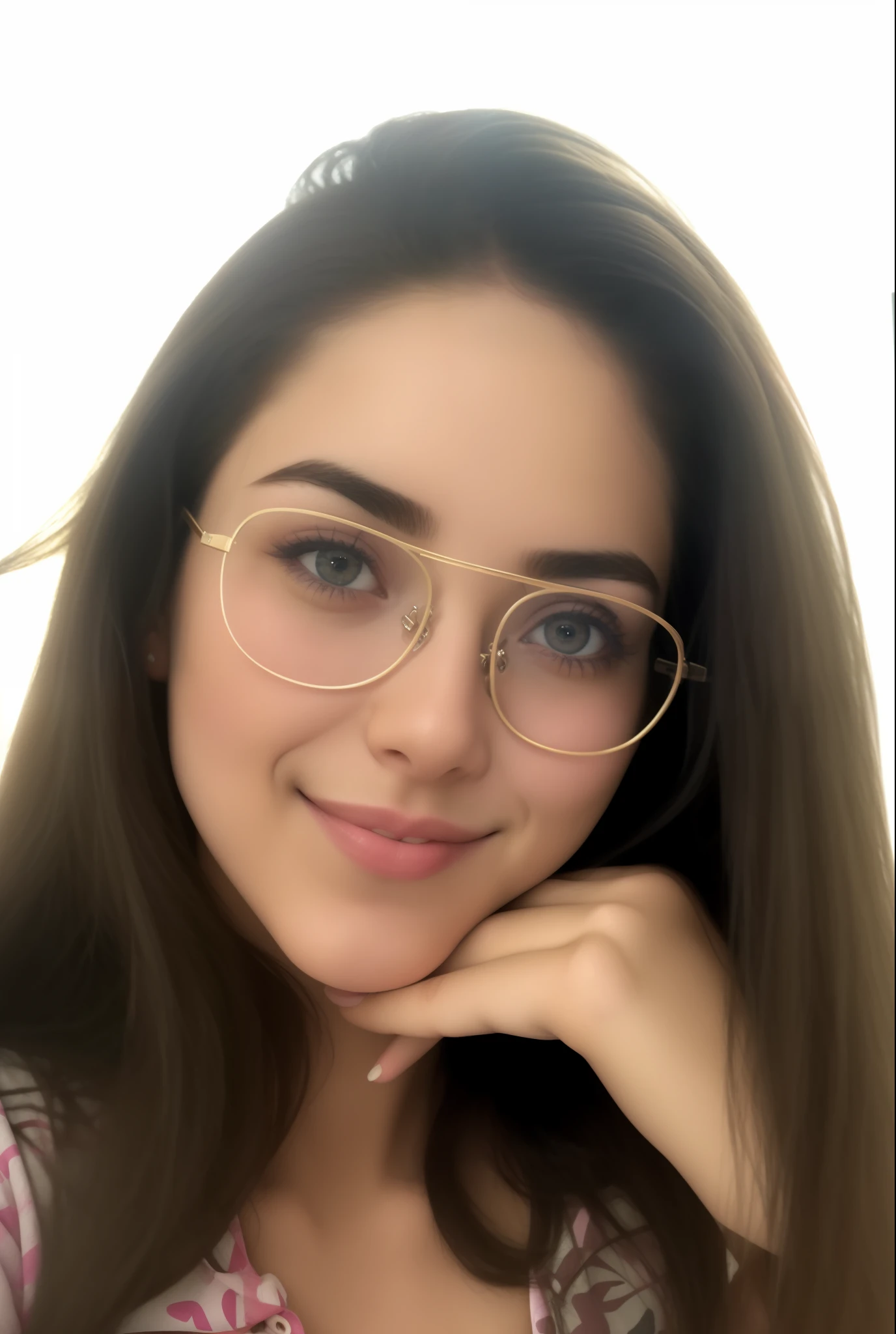Smiling woman with glasses and a pink shirt posing for a photo, Valentina Embaralhamento, foto de perfil headshot, fernanda suarez, imagem de perfil, girl with glasses, girl wearing round glasses, Violeta Myers, thick glasses, julia sarda, imagem do avatar, inspirado por Ion Andreescu, Christina Kritikou, yael shelbia, Viktoria Gavrilenko