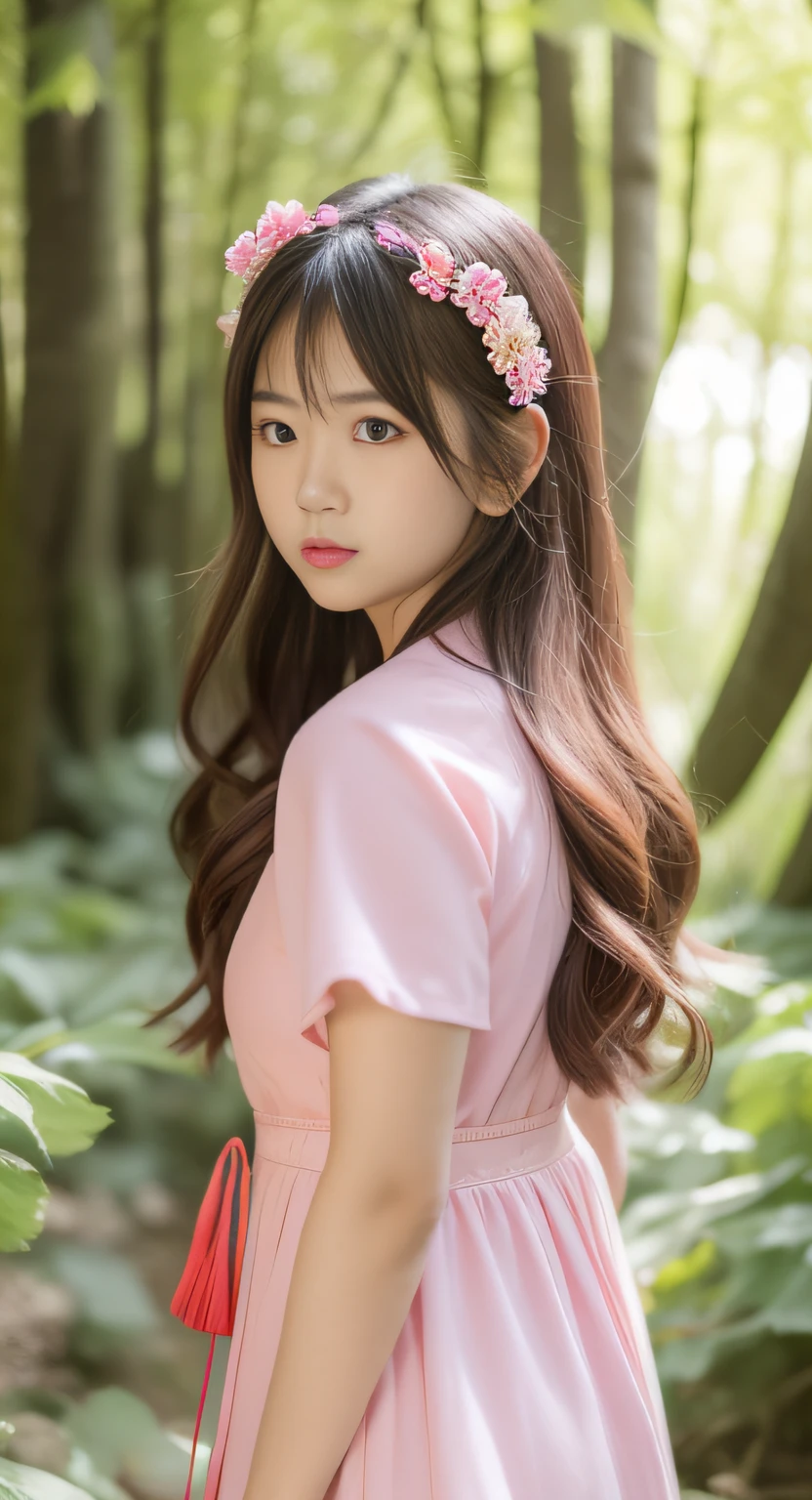 Asian woman in pink dress standing in the forest, a closeup,portrait of a japanese teen, Soft lighting, Realistic Young Gravure Idol, Young Pretty Gravure Idol, Asian girl with long hair, in pink forest, kawaii hair style, the face of a beautiful Japanese girl,