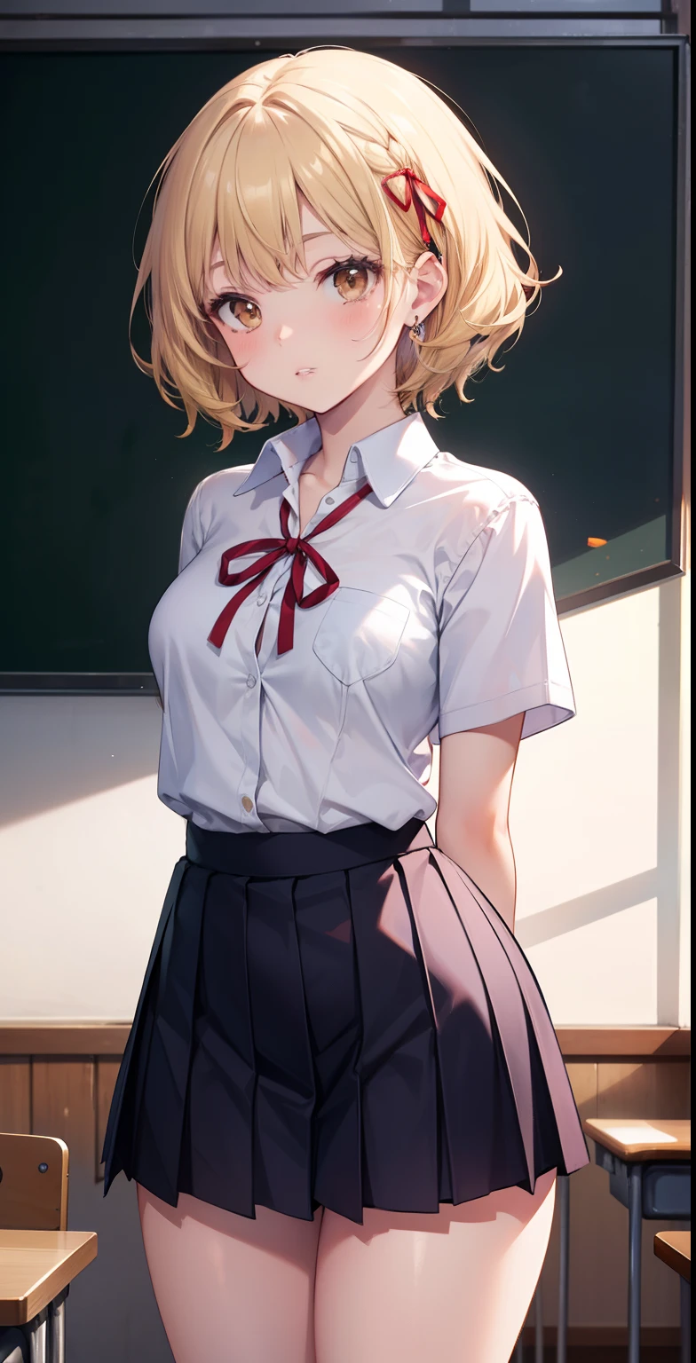 best quality, master piece, portrait, arms behind back, 1 girl, (eyebrow), (nose), (ear), (mouth), (lips), short curly hair, (light effect on hair), bangs, highlights , sawachika several, Double tails, long hair, blonde hair, big chest, (brown eyes), hair ribbon, School uniform, Red pleated skirt, Looking at Viewer, classroom, thick legs, thick thigh, background scenery perfect, in the school yard, lighting, beautiful day