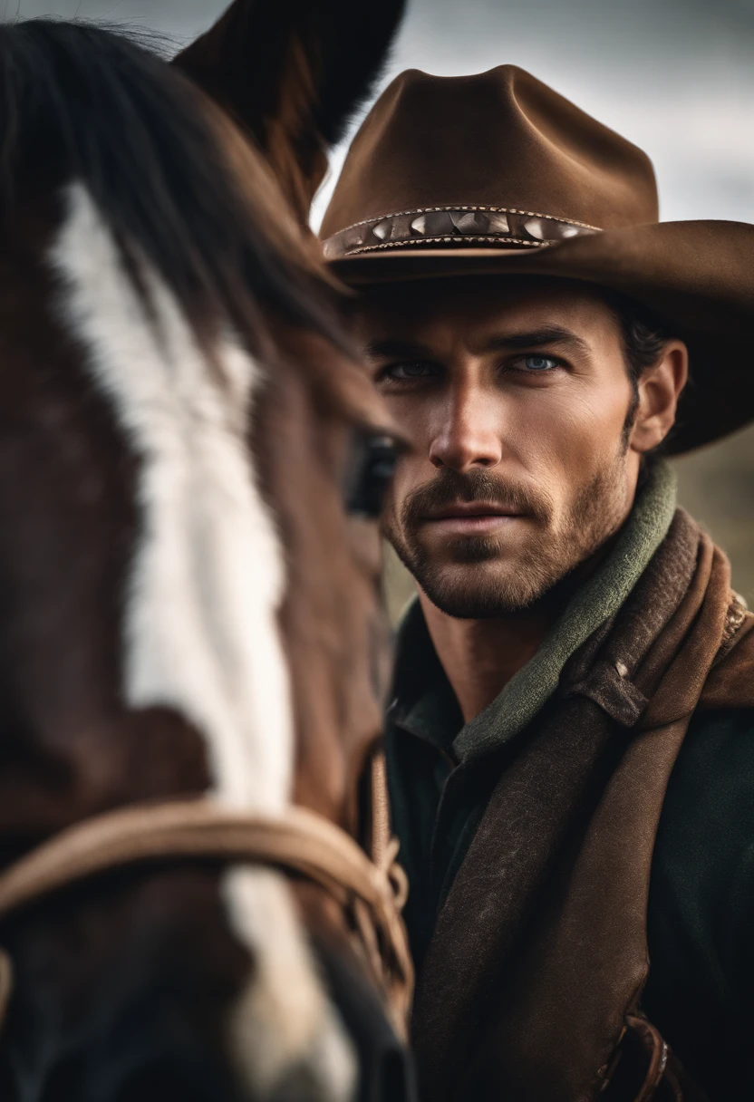A rugged 30 year old cowboy with green eyes posing for a photograph with his beautiful horse, head to head, hyper realistic, crystal clear image