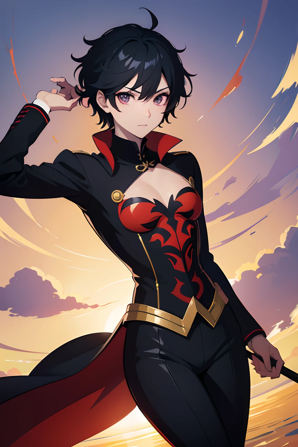 Personaje de anime con traje de cuero negro de pie en una calle de la ciudad, Anigirl Superman, Hermosa pose de pelea anime, Dos espadas rojas en las manos, Fanart exquisito altamente detallado, Arte Zerochan, Persona 5 Art Style Wlop, Badass Anime 8K, Joven hombre de anime, Gama Murata y Artgerm, inspirado por Okumura Masanobu, Personaje masculino de anime, Arte detallado del personaje de anime