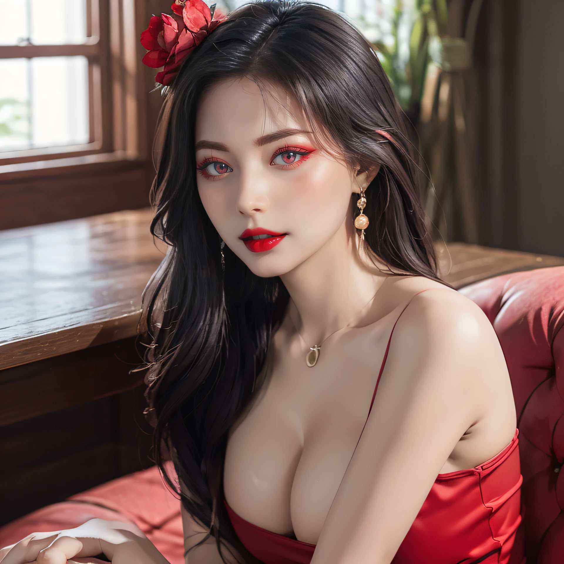 "1 beautiful girl in national costume, Wearing bright red traditional Chinese ao dai, Ao dai with red as the main color, Black chest border and gold border, long hair and white bangs,,, The most detailed and beautiful hair jewelry, Super cute little face, Very pretty face, Sparse eyebrows, The most perfect beautiful face, ((Black pupil:0.8)), Very beautiful eyes, ((Eyes red:1.4)), Beautiful and detailed eyelashes and very magical makeup, High Nose, earrings, thin lips, Red lips, No smiling, Beautiful lips, Rosy face, Clean face, Perfect beautiful face , smooth white skin, (Big breasts: 0.9)), Brams' chest, ((Large, Super round breasts): 0.9)), ((Super tight breasts: 1.2)), ((Breast augmentation surgery: 0.8)), Beautiful breasts, Sitting on the floor, Sitting with legs wide open, Thighs are wide and not shy, hands behind back, Chest forward, lean back a little, Beautiful girl's upper body, 8k photo, ultra-quality, Hyper realistic, 10x Super Pixels, photographrealistic, bright studio, Bright edges, Two-tone bright colors, (high detailing) skin: 1.2), 8k ultra, Soft light, High quality , Volumetric lighting, Realistic, Photos, High resolution, light, Best Photo, 4K, The 8k quality, Blur effect, Smooth and sharp, 10x pixel, Aurora, Lightning, Super Graphics , The most realistic graphics,(Red flower background: 1.7), Alone, Solo, Portraits 9:16, Very sharp, Surreal images."