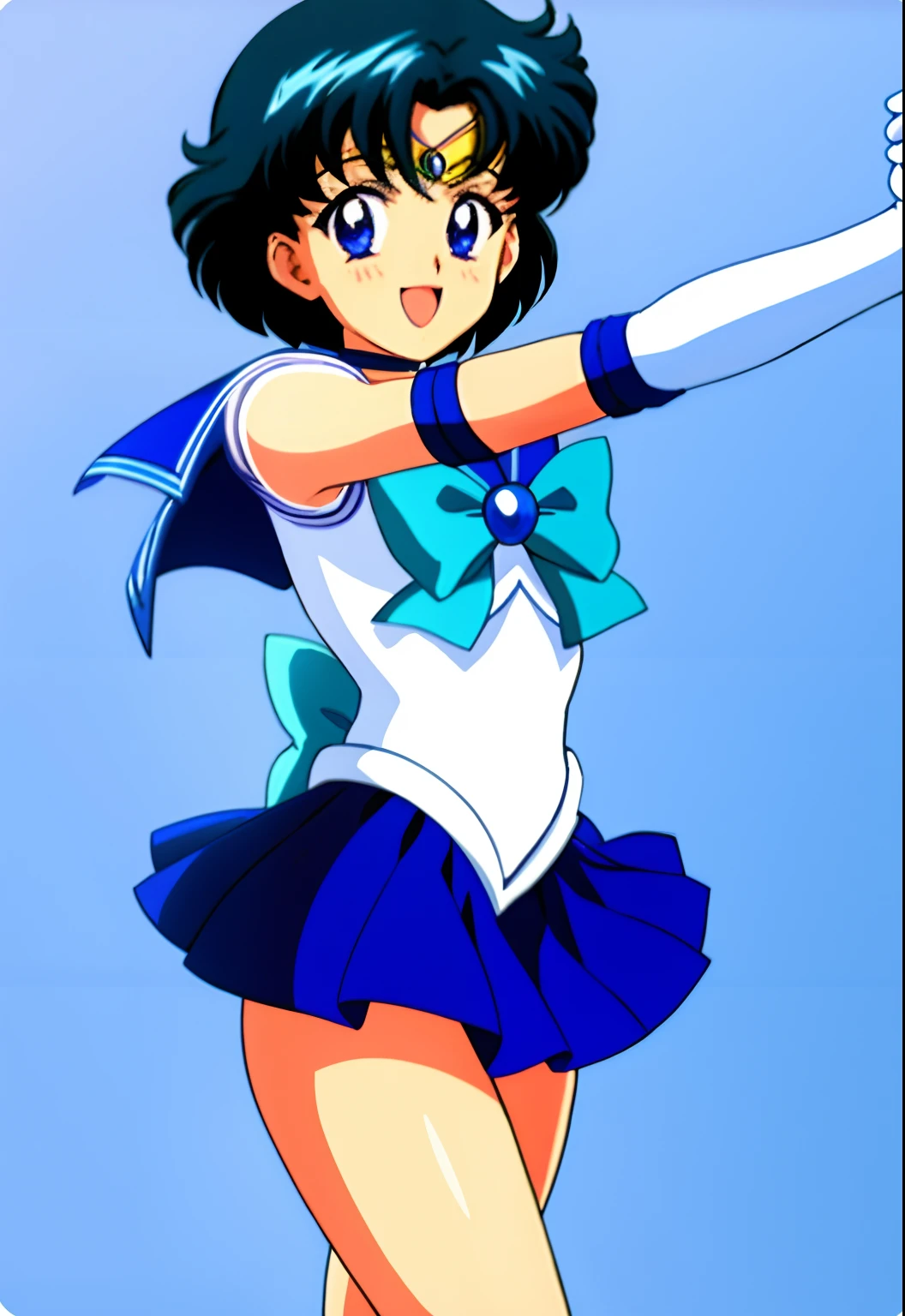 Top Quality Anime Art、masterpiece、high definition anime art、アニメstyle8K、High resolution、Detailed Alto Germ、Cool boys、Boy standing、solo、Very short blue-haired boy、Blue-eyed boy、earrings、Golden Circlet、Sailor Senshi Uniform、white gloves、elbow bag、Strong muscles、blue choker、jewelry、white leotard、high leg leotard、white dress、blue sailor collar、Sky blue bow tie、blue skirt、mini skirt、pleated skirt、Muscular and strong、Blue Heeled Boots、Bare shoulders、bare legs、staring at、male focus、an retro anime image、smile、Hymns to the King as a Prince、muscular man、Retro Anime Boys、(1990s\(style\)0.9)、