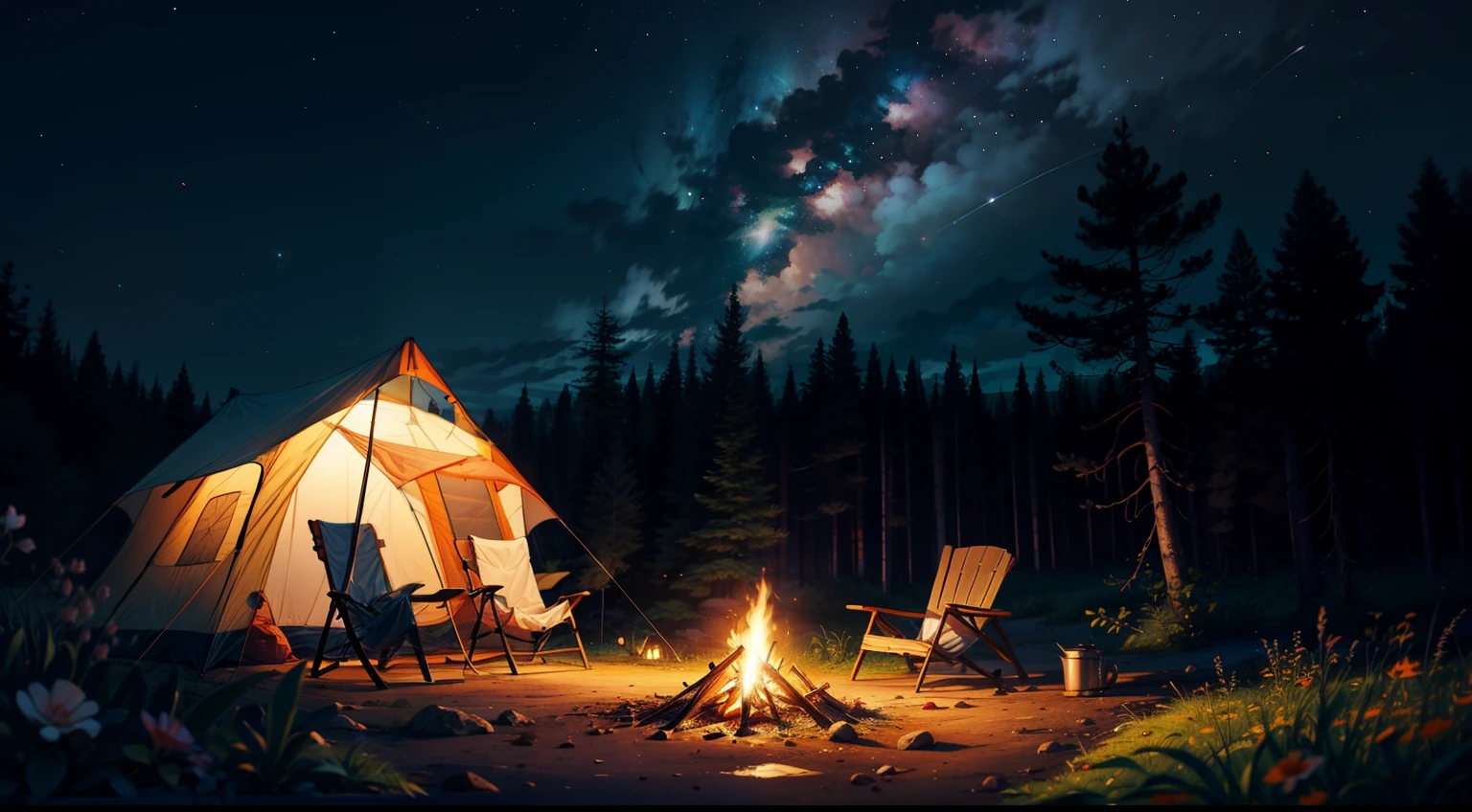 No one was there，A single tent with a campfire and deckchairs，On a beautiful evening，Lying in the woods，There are constellations in the sky