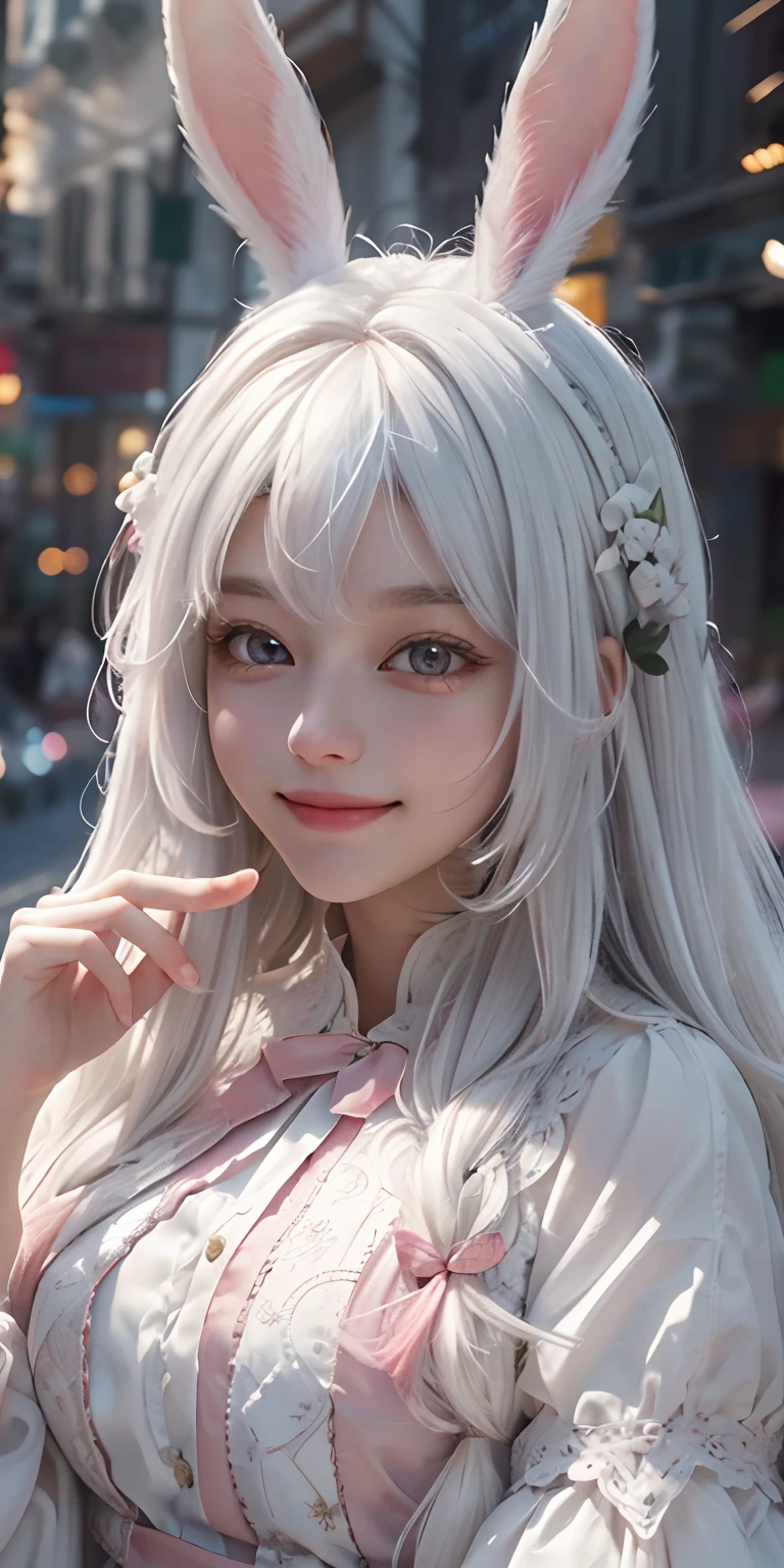ultra-detailed, high res, masterpiece, beautiful girl, white hair, bunny ears, long hair, pink eyes, ???, smile face, cute white clothes