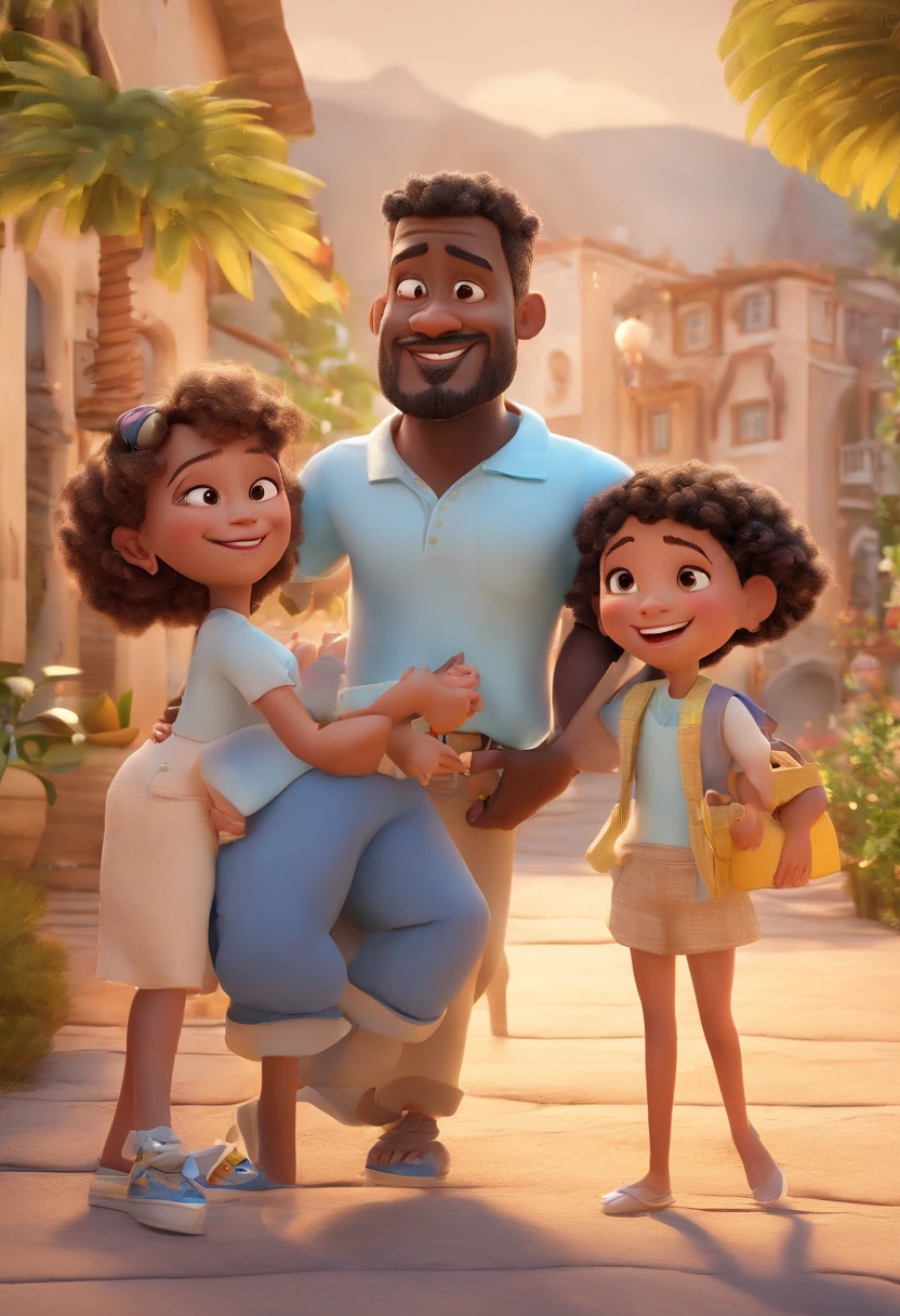 Cartoon of a family, A black father and a white mother having fun on vacation together with a son and two daughters, 3D Animation Movie Poster, Poster de filme animado, pixar 3 d animation style, pixar renderman rendering, maia 8 mil, animation film, Disney Pixar Estilo 3D, amigos felizes saem juntos, all wearing light blue shirts and cream brown long pants, camisa azul clara, cream brown pants, ao ar livre, vacation, Disney Pixar Animation Poster