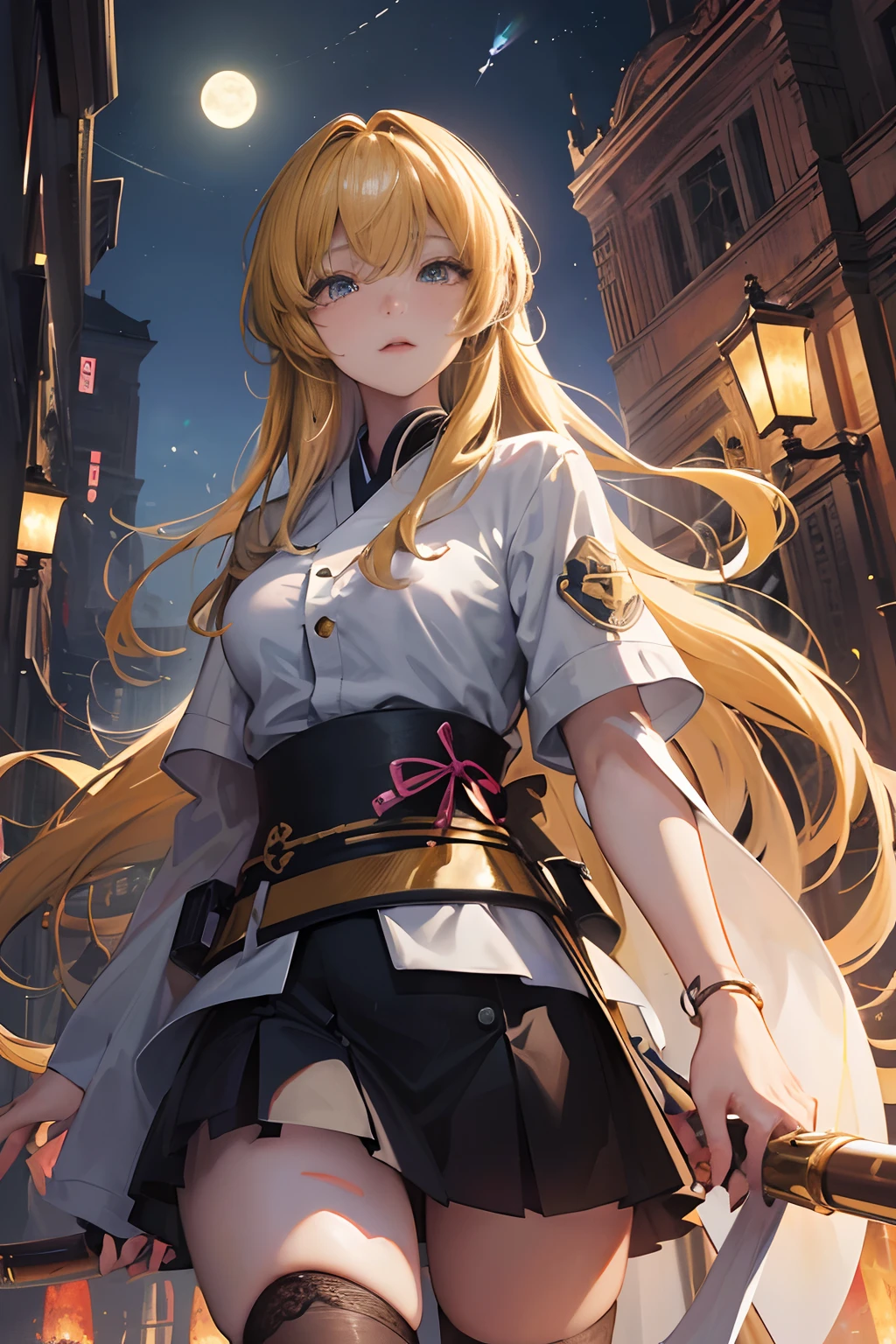 Christian Riese Lassen, Hiroshi Masumura, Surreal, mysterious, strange, fantastical, fantasy, Sci-fi, Japanese anime, the library is an eternal utopia, Alice, a beautiful blonde girl in a miniskirt and her cats playing hide and seek, perfect voluminous body, a beautiful high school girl in a miniskirt studying, a spaceship landing, the moon setting, a penguin jumping in the sky, a mineral specimen box, detailed masterpiece
