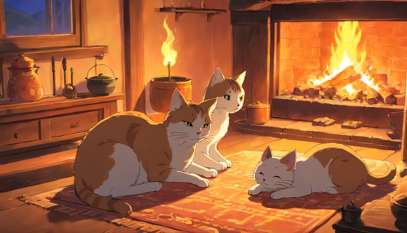 cat family resting next to fire, cozy room, rough weather outside