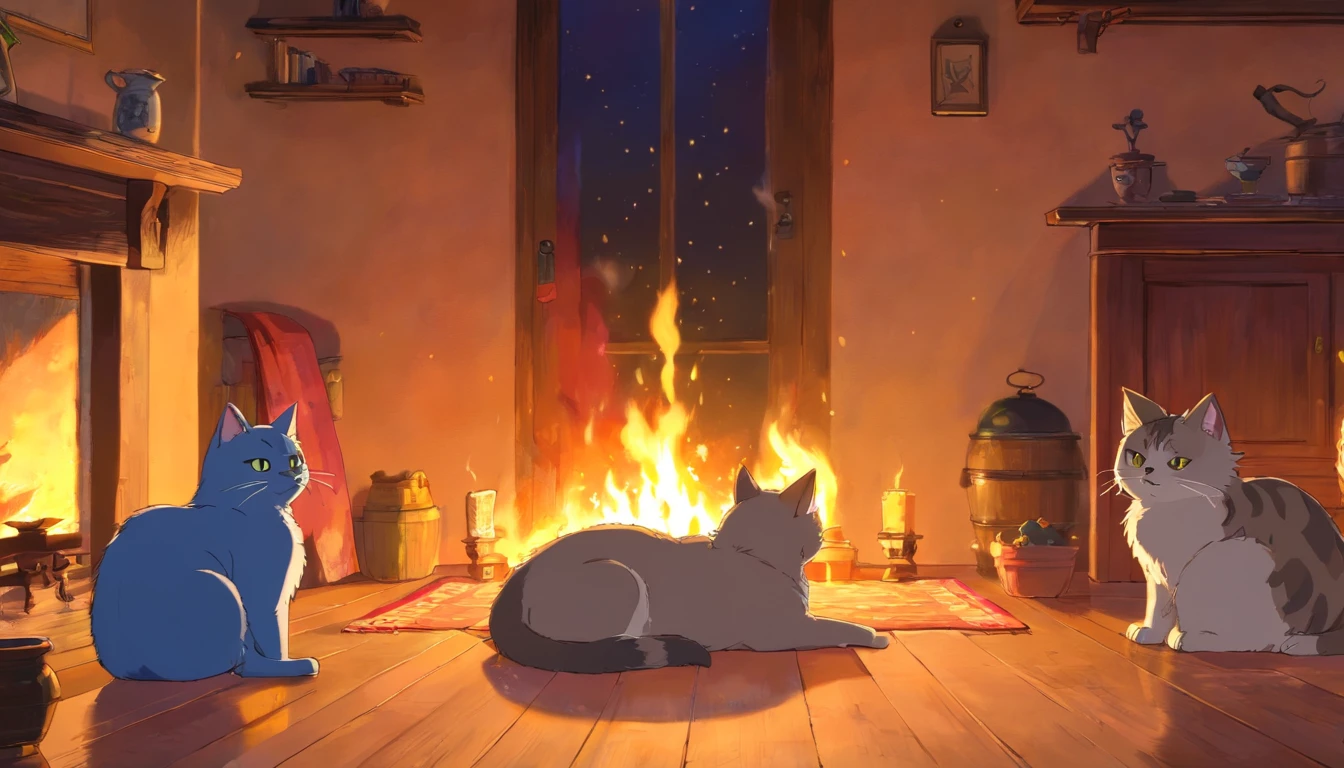 cat family resting next to fire, cozy room, rough weather outside