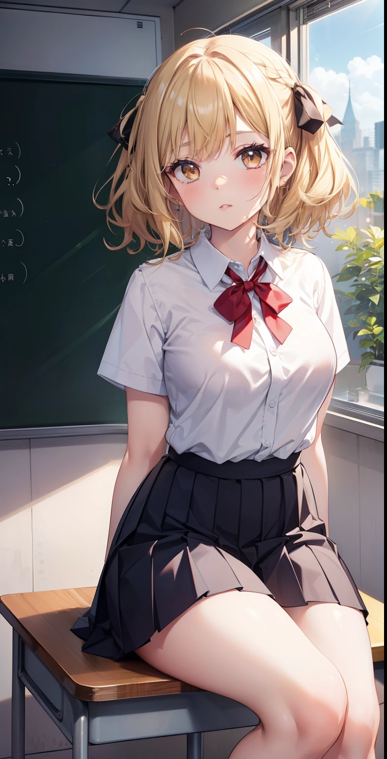 best quality, master piece, portrait, arms behind back, 1 girl, (eyebrow), (nose), (ear), (mouth), (lips), short curly hair, (light effect on hair), bangs, highlights , several sawachika, Double tails, long hair, blonde hair, medium breasts, (brown eyes), hair ribbon, School uniform, Red pleated skirt, Looking at Viewer, classroom, thick legs, thick thigh, background scenery perfect, in the school yard, lighting, beautiful day