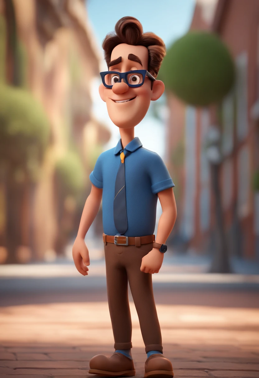 Cartoon character of a man with black glasses and a blue shirt, animation character, Caractere estilizado, animation style rendering, 3D estilizado, Arnold Maya render, 3 d render stylized, toon render keyshot, Personagem 3D, Personagem 3D, 3d rendering stylized, 3 d character render, personagem de desenho animado, Personagem de close up, Pose de personagem, (Estilo Pixar) (master part:1.2) (Bokeh) (best quality) (pele detalhada) (textura detalhada) (8k) (argila) (Cinematic lighting) (foco nítido