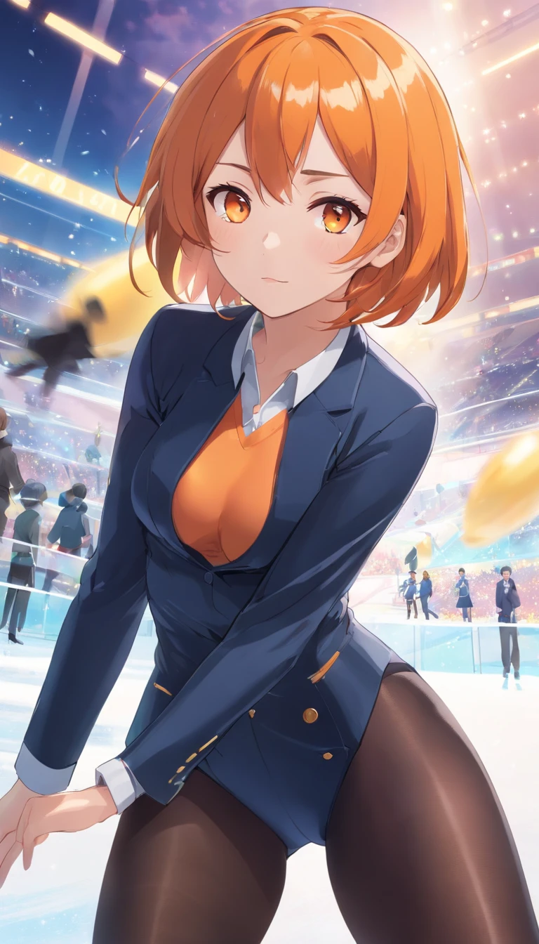 masterpiece、top-quality、Movie stills、1 female、Orange hair、Colossal tits、Big ass、Black Tights Suit、yellow eyes、Large, thick thighs、a short bob、wide hips、ice skating
