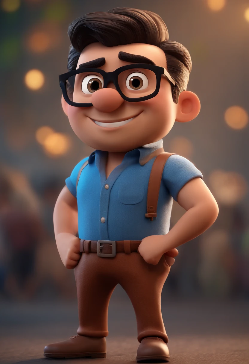 Cartoon character of a man with black glasses and a blue shirt, animation character, Caractere estilizado, animation style rendering, 3D estilizado, Arnold Maya render, 3 d render stylized, toon render keyshot, Personagem 3D, Personagem 3D, 3d rendering stylized, 3 d character render, personagem de desenho animado, Personagem de close up, Pose de personagem,  (Estilo Pixar) (master part:1.2) (Bokeh) (best quality) (pele detalhada) (textura detalhada) (8k) (argila) (Cinematic lighting) (foco nítido