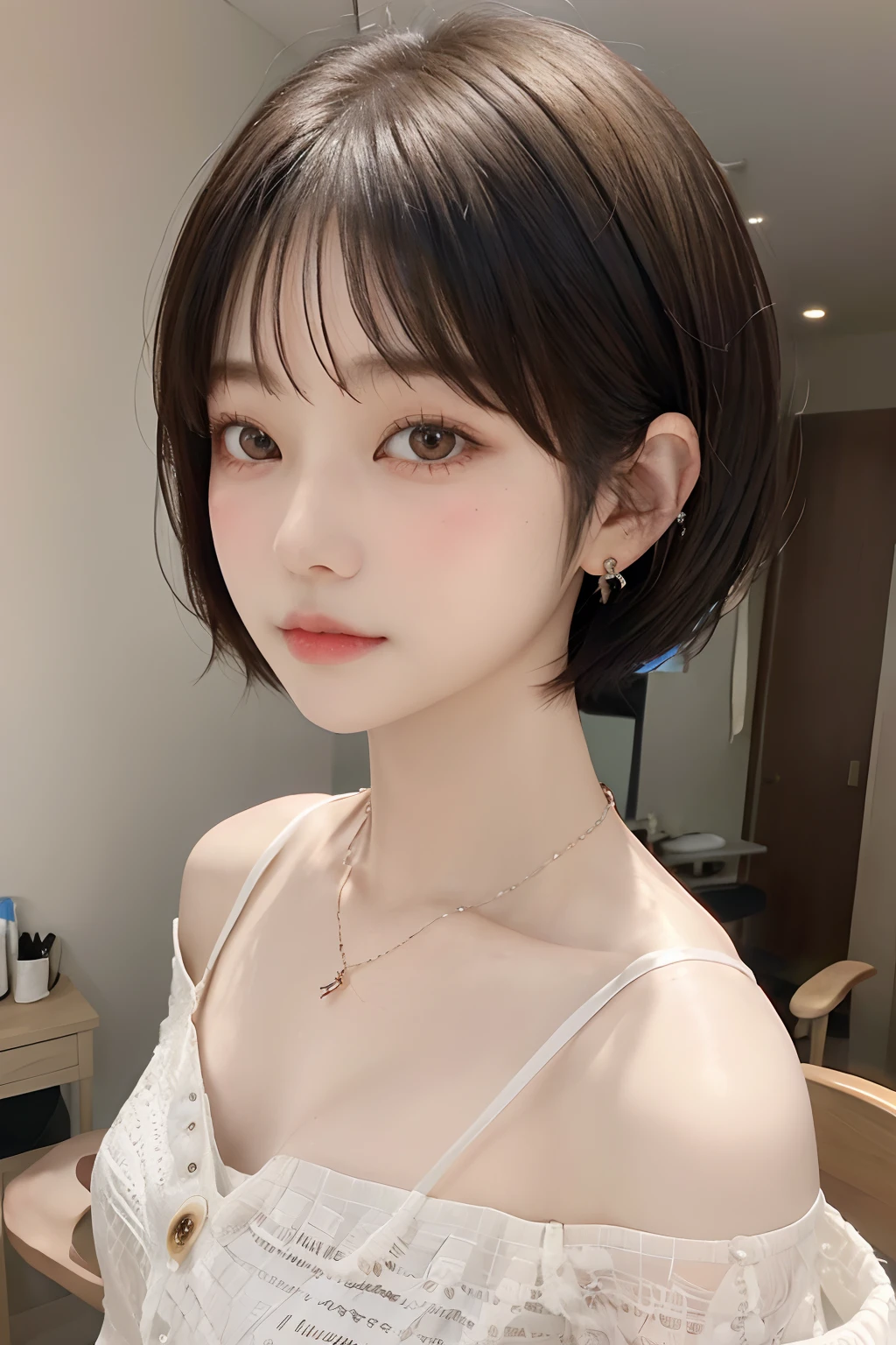 ((女の子 1 人))、(top-quality)、(​masterpiece:1.3)、(hight resolution)、(intricate-detail)、(Photorealsitic)、(Cinematic Light) 、独奏、piercings、jewely、(extra very short hair:1.4)、Brown hair、Smaller face、long neck、portlate、(Beautuful Women)、Female, Attractive woman、cute little、Everyone longs for、Transparency、a necklace、shawls、off shoulders、Clothes are pure white、morning、Beauty Salon、(Haircut Models)、((big eye))、From various angles、