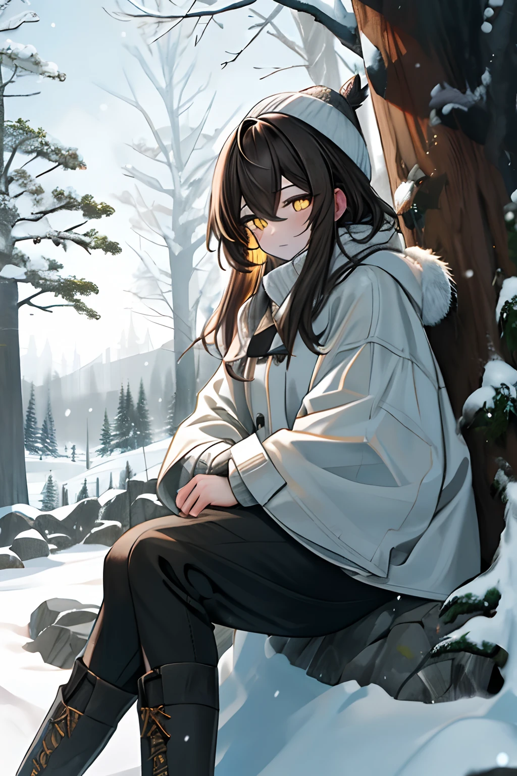 (best quality,4k,8k,highres,masterpiece:1.2), nanashi mumei, browm hair, yellow eyes, beautiful woman in winter clothes, snowy place, winter landscape, cozy atmosphere, snowy trees, soft falling snow, warm winter coat, stylish winter hat, snow-covered ground, cold breath, winter boots, peaceful solitude, serene surroundings, tranquil ambiance, subtle winter colors, natural lighting