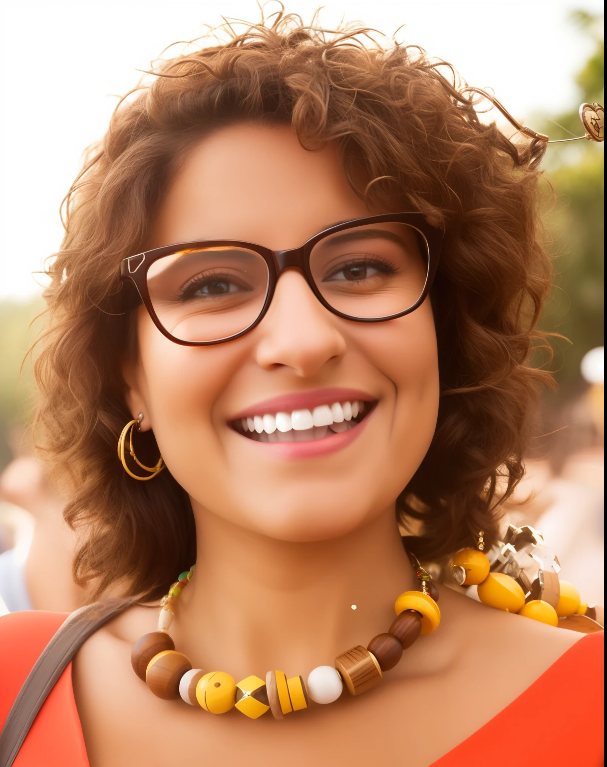 Smiling woman with glasses and a necklace with wooden beads, estilo Disney pixar