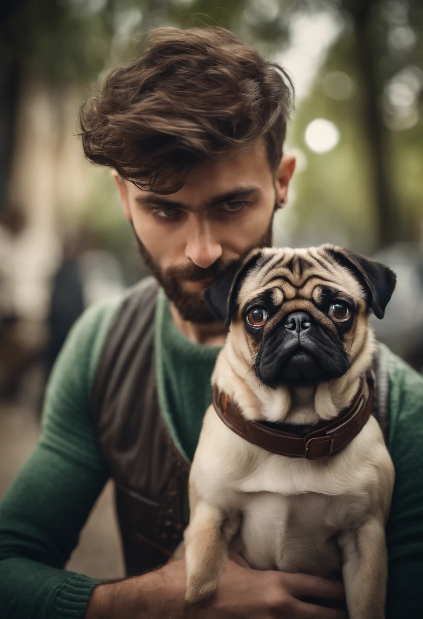 A hipster man with green eyes posing for a photograph with his tiny pug, head to head, hyper realistic, crystal clear image