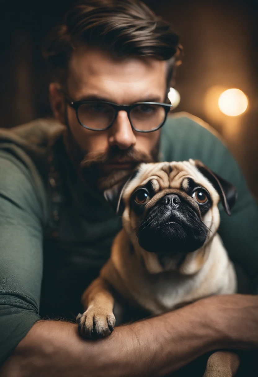 A hipster man with green eyes posing for a photograph with his tiny pug, head to head, hyper realistic, crystal clear image