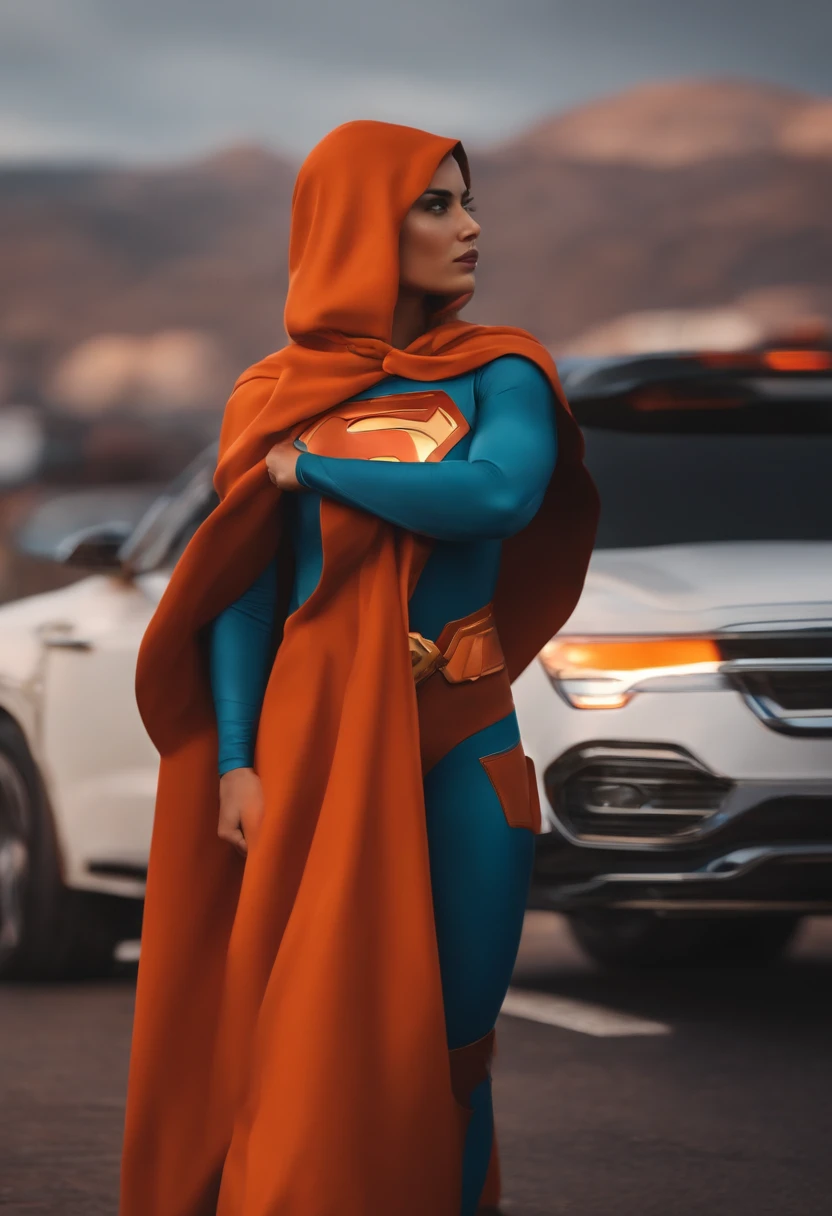 A superhero, com capa laranja que voa, inspired by Pixar animation