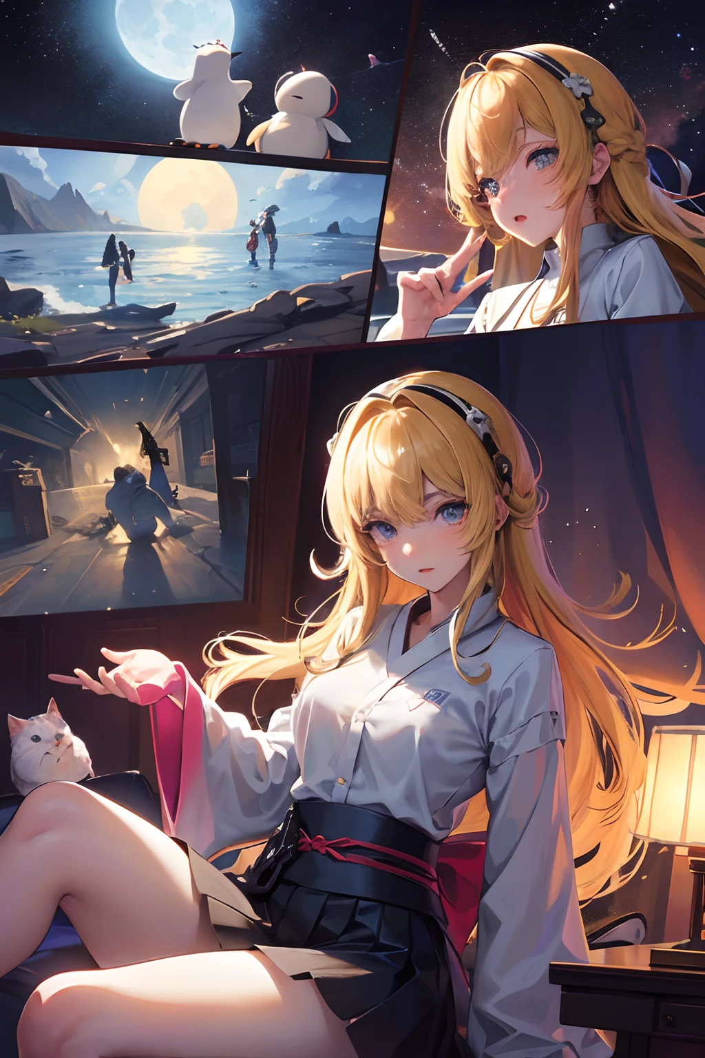 Christian Riese Lassen, Hiroshi Masumura, Surreal, mysterious, strange, fantastical, fantasy, Sci-fi, Japanese anime, the library is an eternal utopia, Alice, a beautiful blonde girl in a miniskirt and her cats playing hide and seek, perfect voluminous body, a beautiful high school girl in a miniskirt studying, a spaceship landing, the moon setting, a penguin jumping in the sky, a mineral specimen box, detailed masterpiece